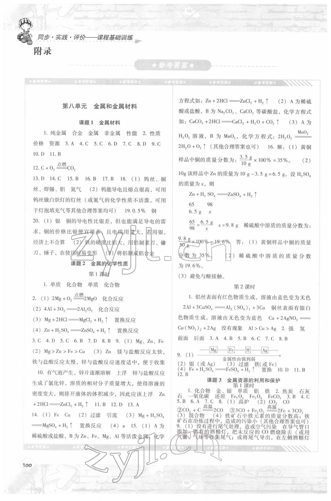 2022年同步實(shí)踐評(píng)價(jià)課程基礎(chǔ)訓(xùn)練九年級(jí)化學(xué)下冊(cè)人教版 參考答案第1頁