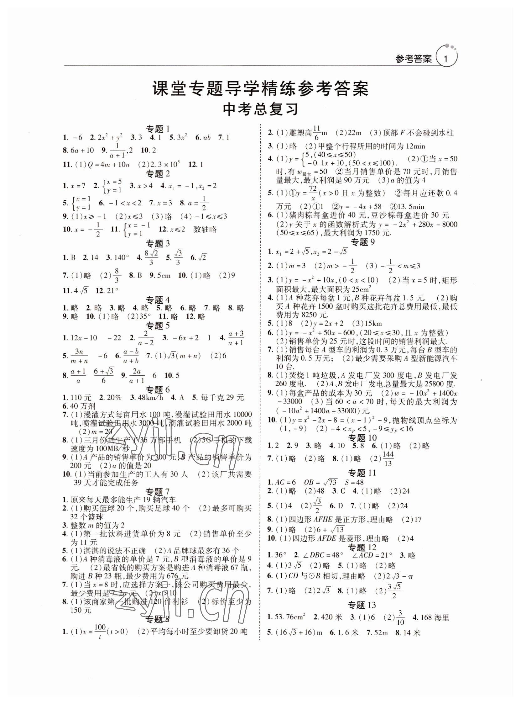 2022年課堂專題導學精練數學 參考答案第1頁