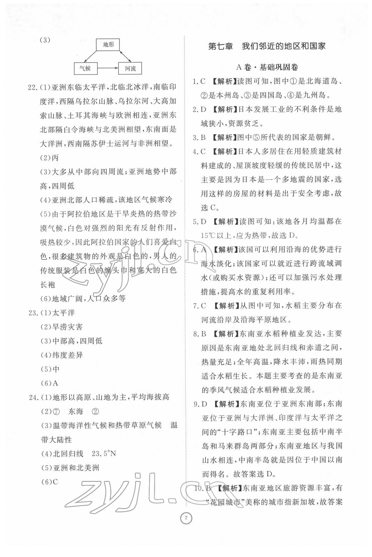 2022年伴你学同步练习册提优测试卷七年级地理下册人教版 参考答案第7页