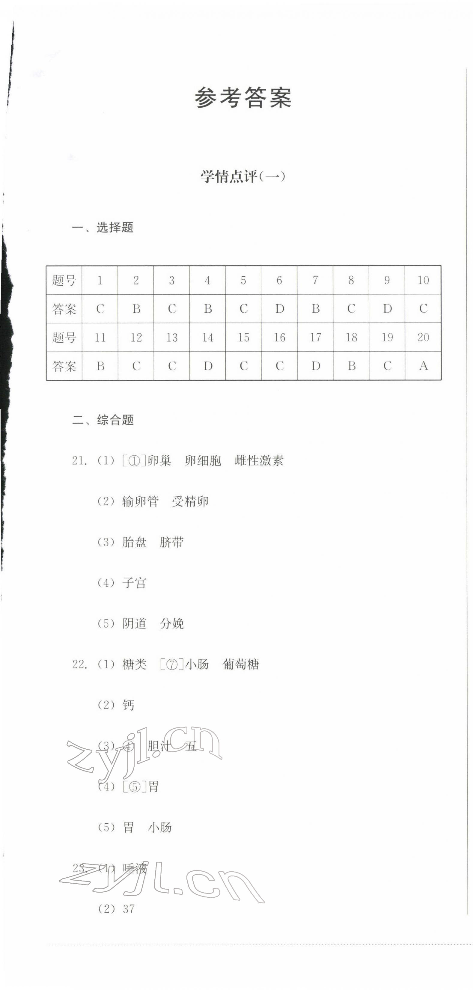 2022年學情點評四川教育出版社七年級生物下冊人教版 第1頁