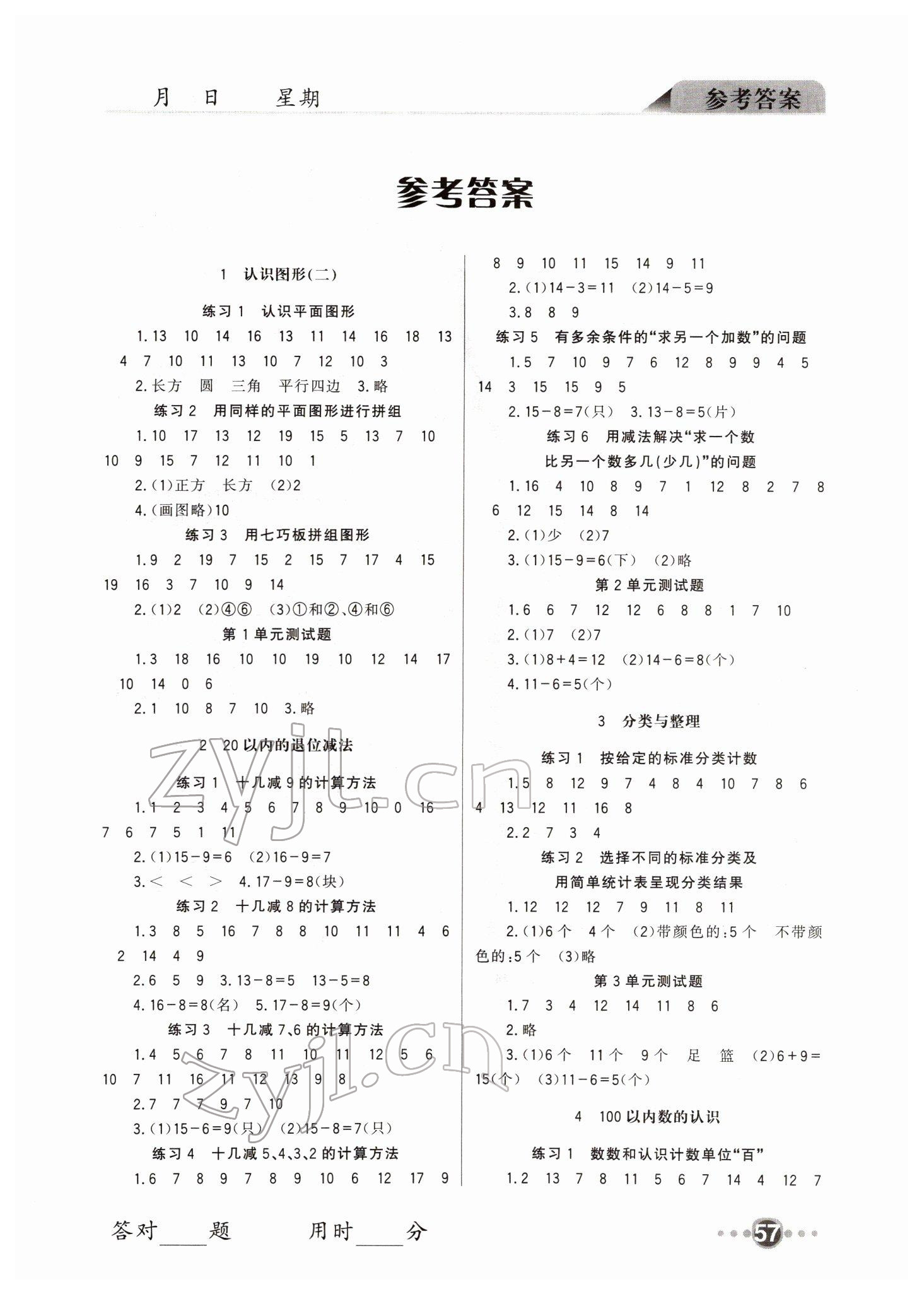 2022年小学口算速算一年级数学下册人教版四川民族出版社 第1页