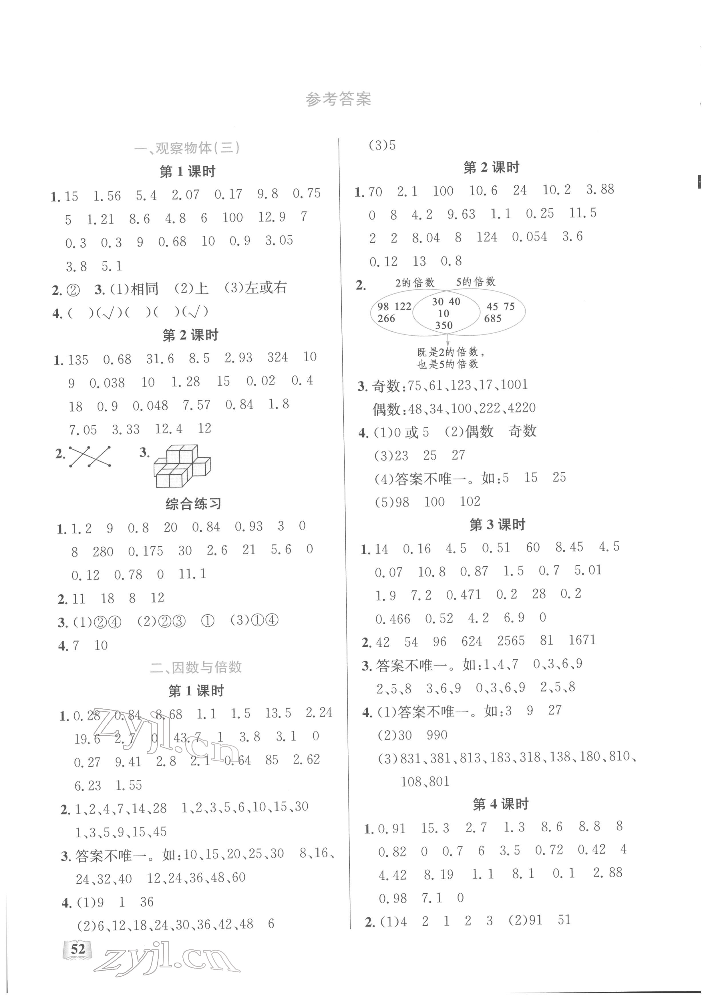 2022年口算能力訓(xùn)練湖北科學(xué)技術(shù)出版社五年級數(shù)學(xué)下冊人教版 參考答案第1頁