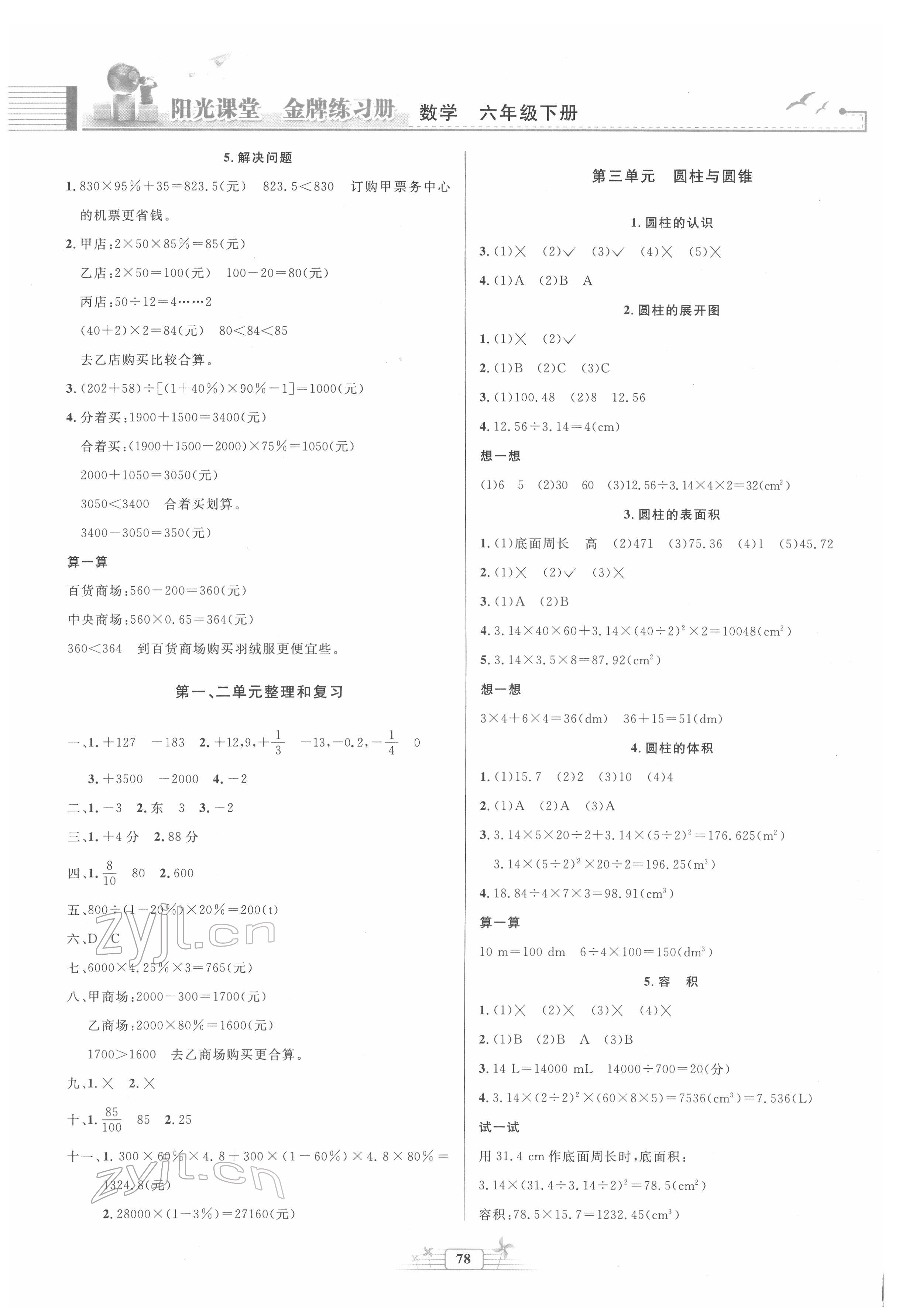 2022年阳光课堂金牌练习册六年级数学下册人教版 第2页