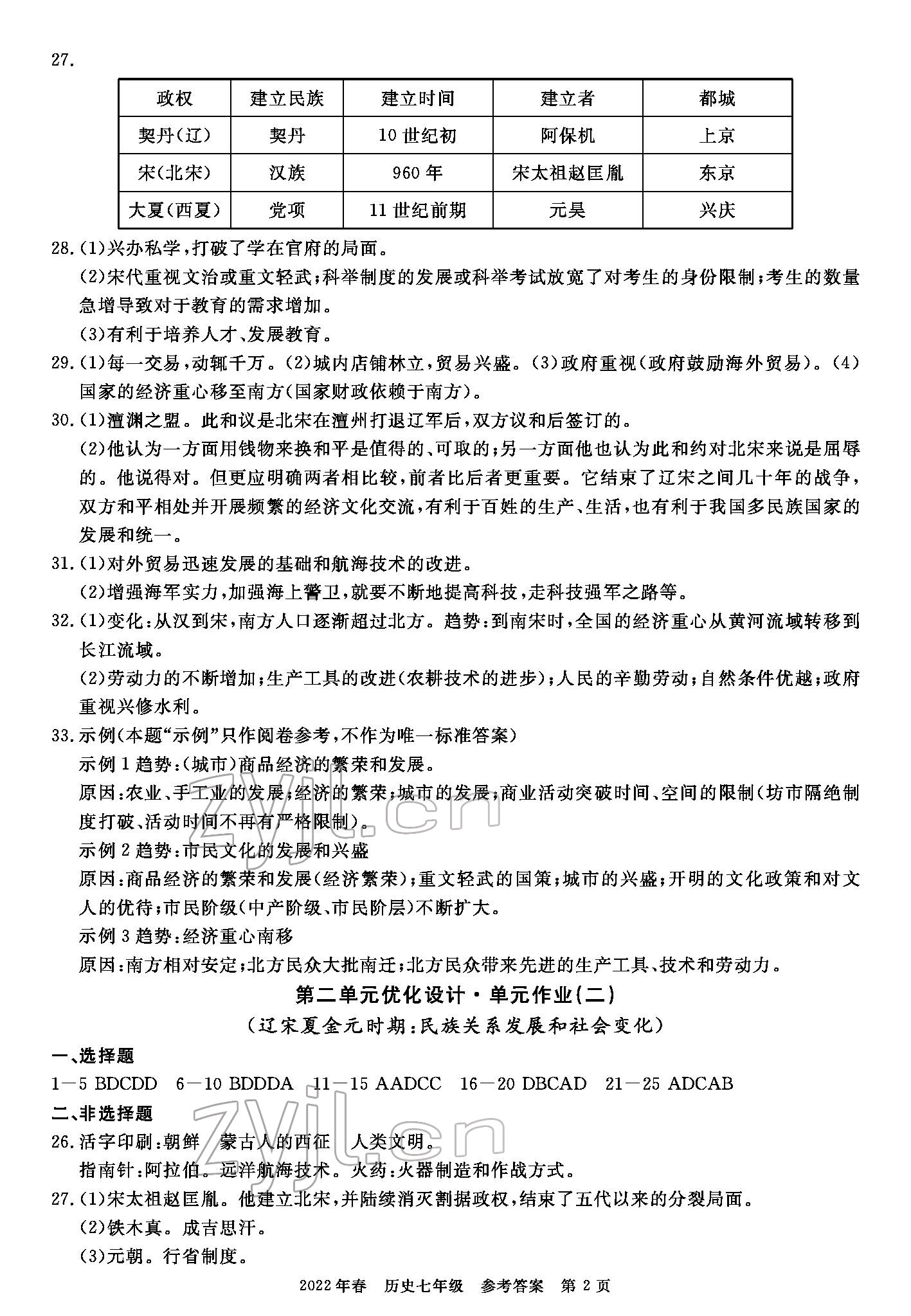 2022年100分單元過關(guān)檢測荊州測試卷七年級(jí)歷史下冊(cè)人教版 參考答案第2頁