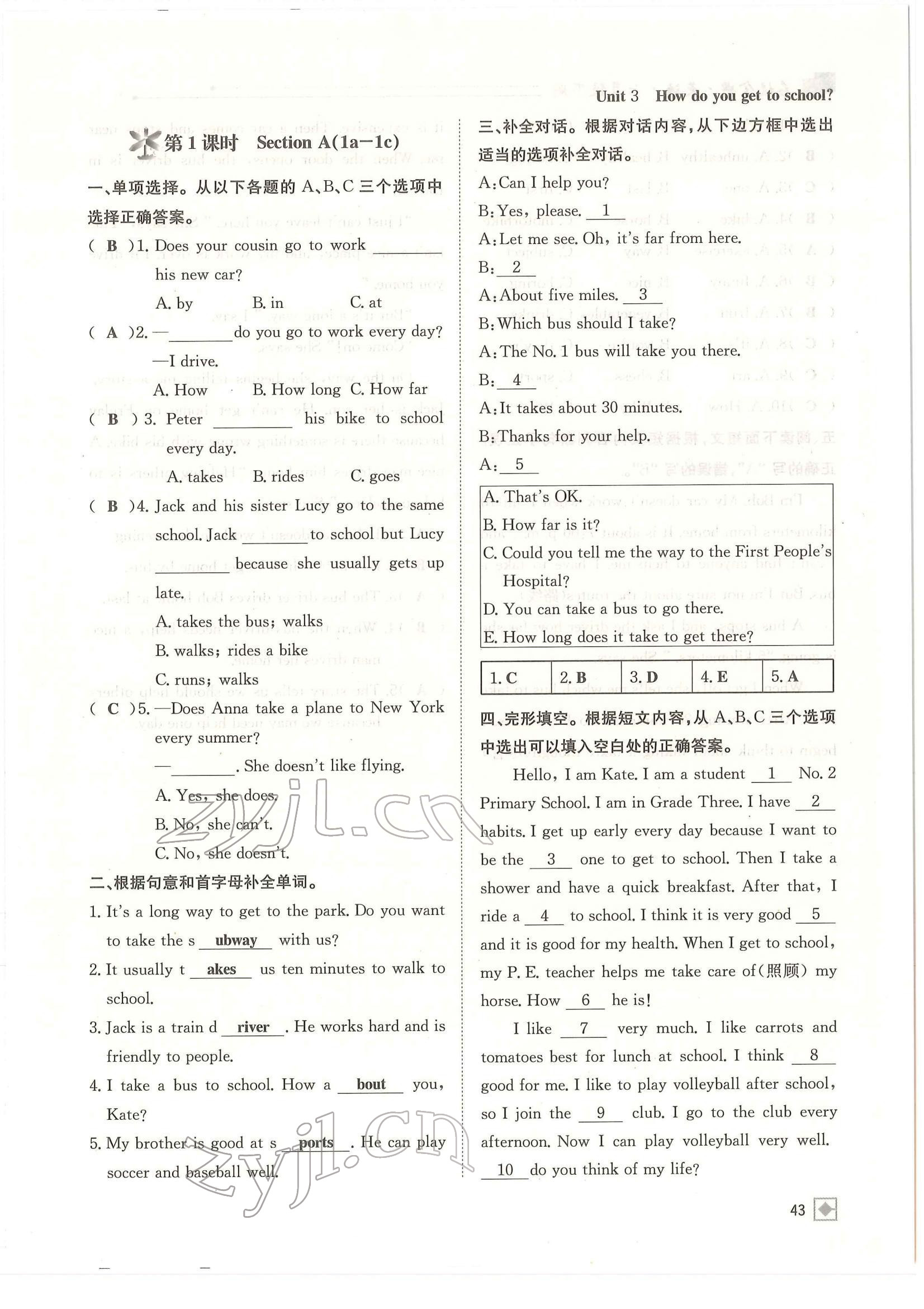 2022年名校金典課堂七年級英語下冊人教版成都專版 參考答案第43頁