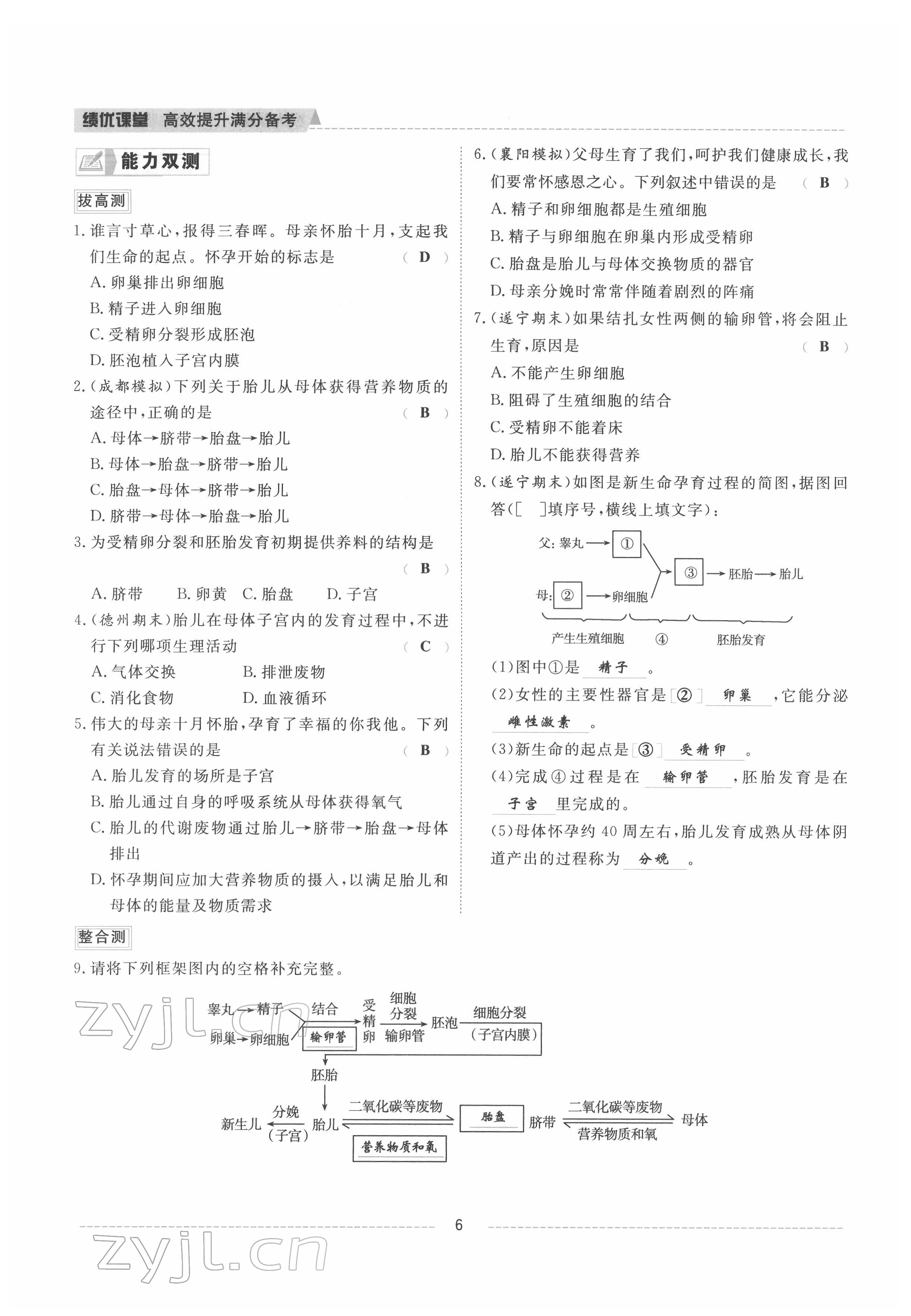2022年績優(yōu)課堂高效提升滿分備考七年級生物下冊人教版&nbsp;參考答案第6頁