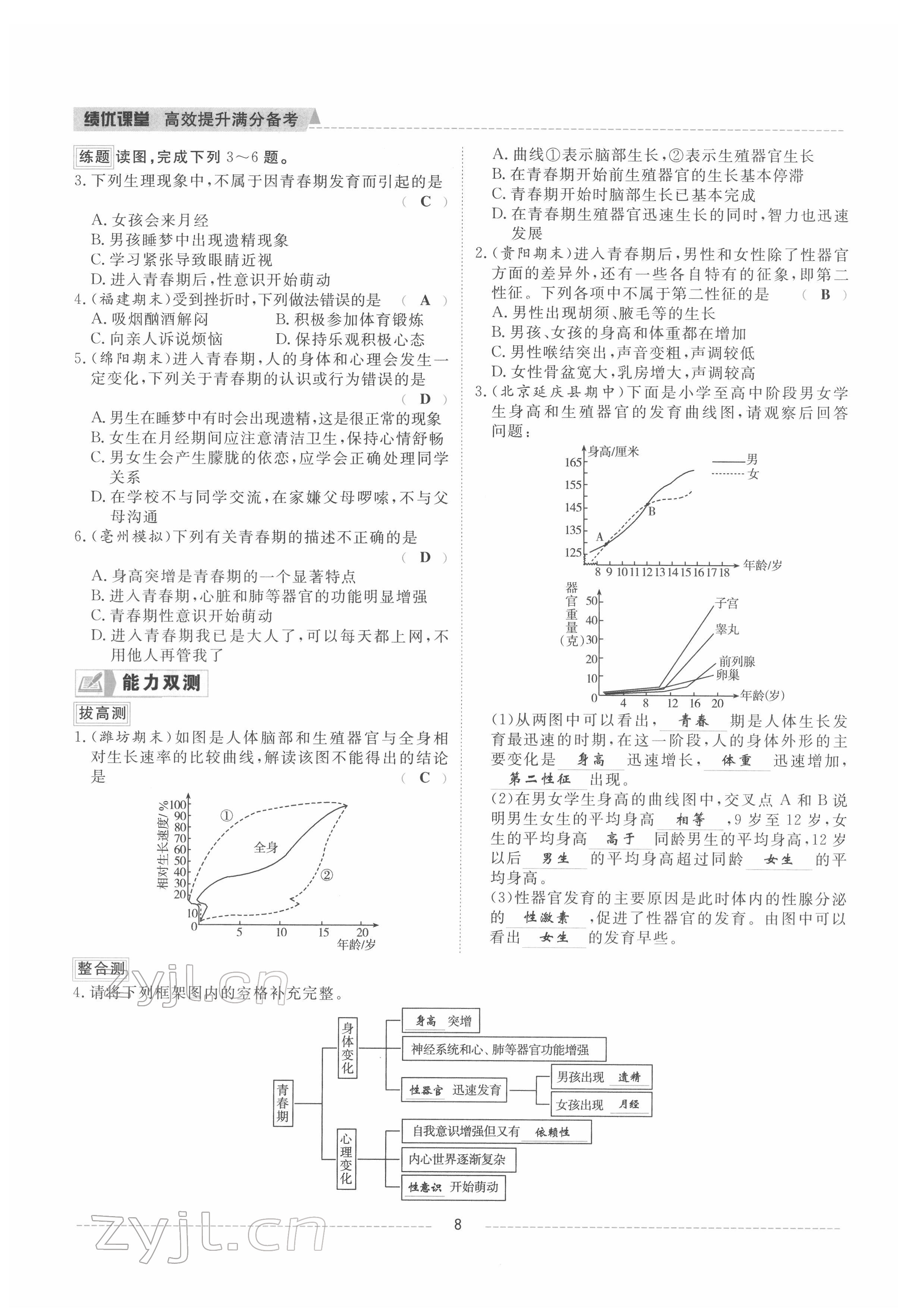 2022年績優課堂高效提升滿分備考七年級生物下冊人教版 參考答案第8頁