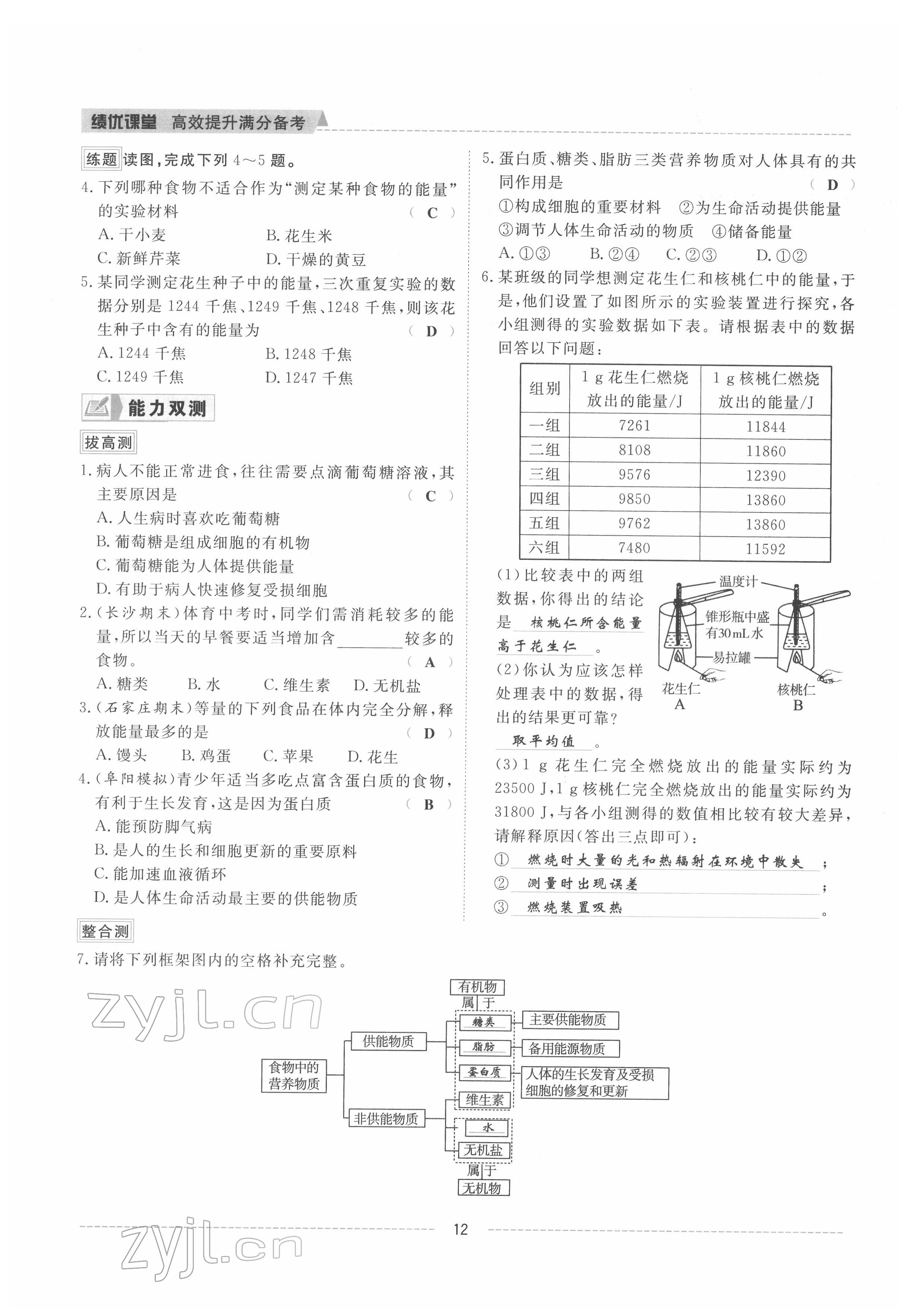 2022年績(jī)優(yōu)課堂高效提升滿分備考七年級(jí)生物下冊(cè)人教版 參考答案第12頁(yè)