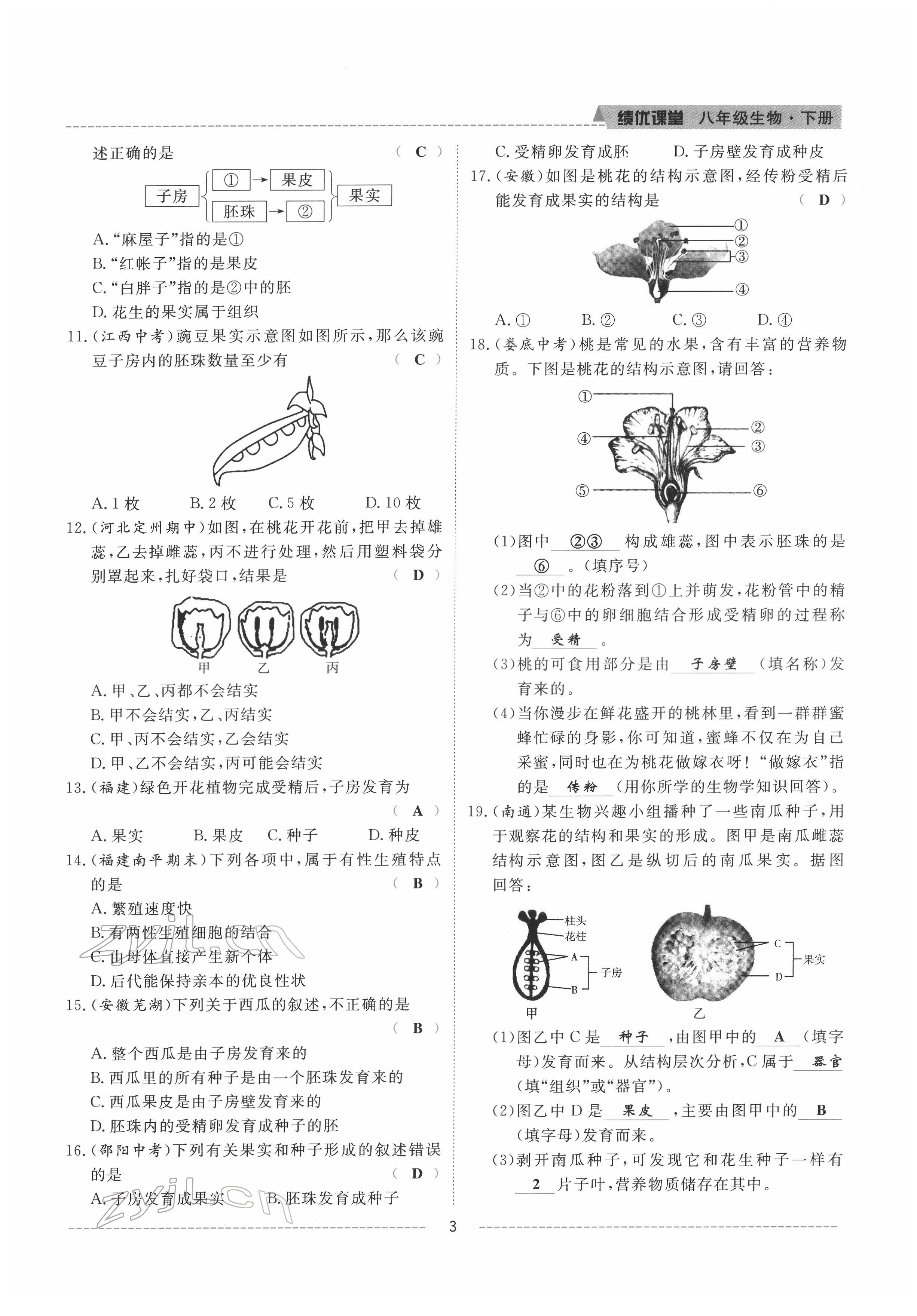 2022年績優(yōu)課堂高效提升滿分備考八年級生物下冊冀少版 參考答案第3頁