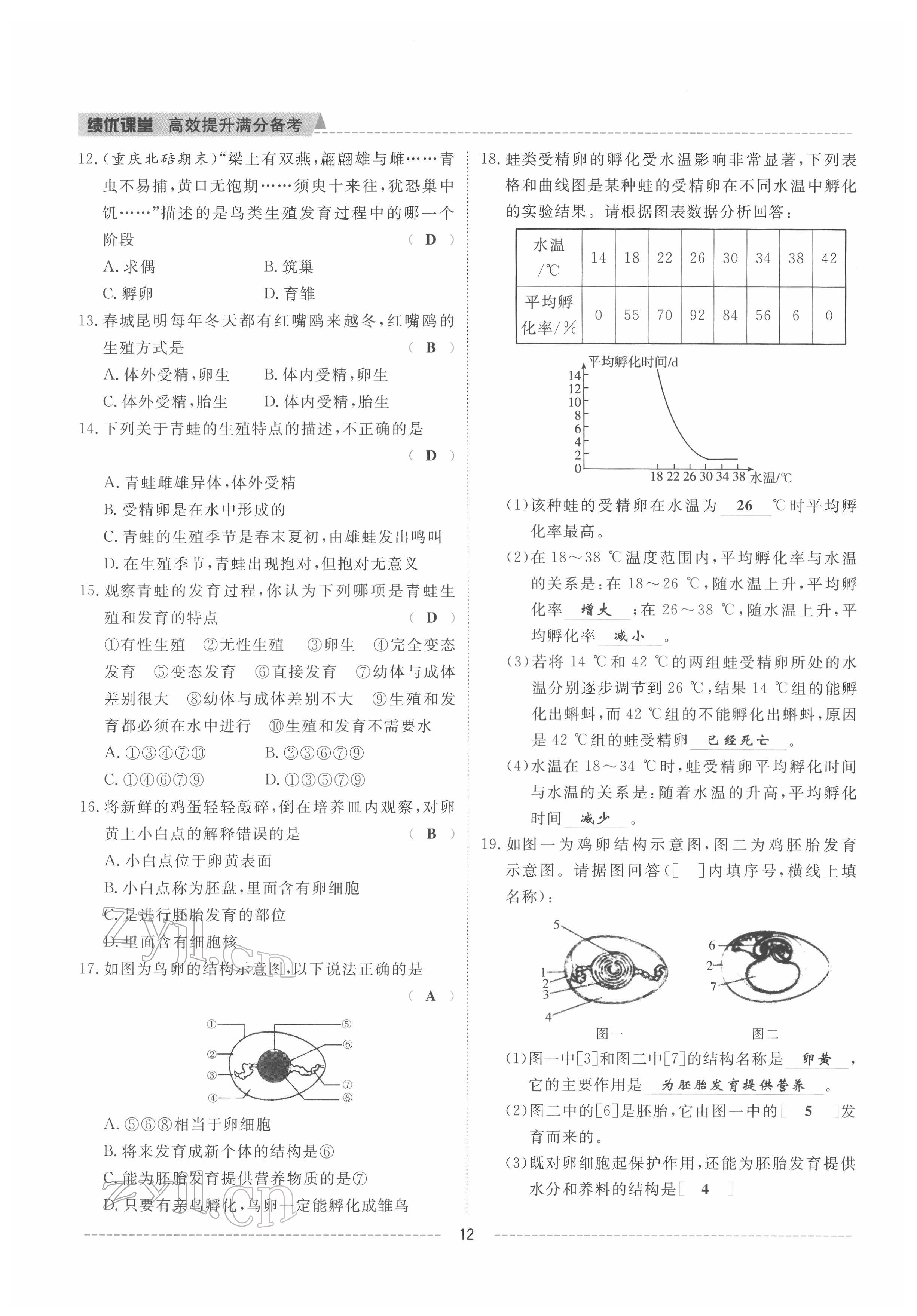 2022年績優(yōu)課堂高效提升滿分備考八年級生物下冊冀少版 參考答案第12頁