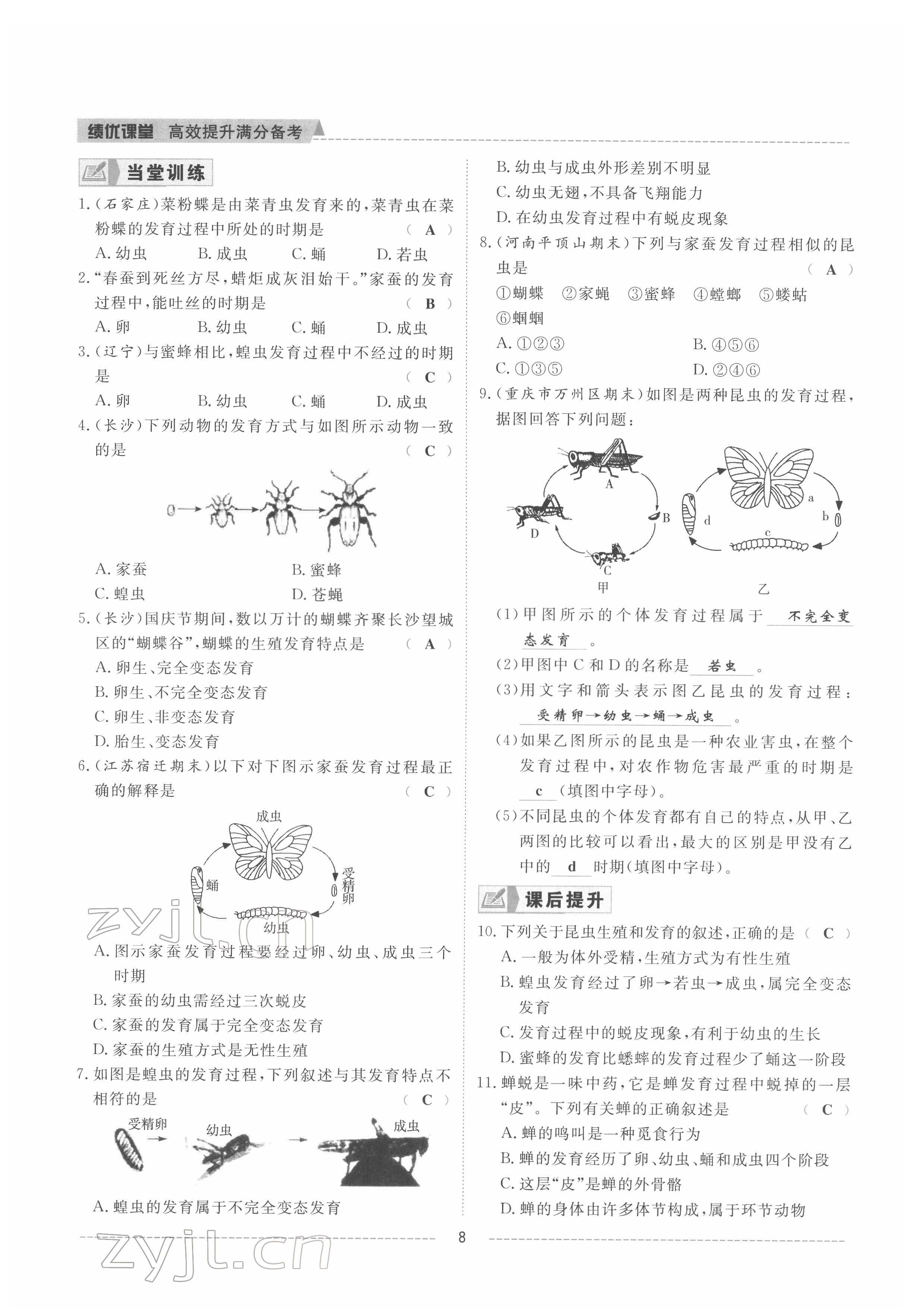 2022年績優(yōu)課堂高效提升滿分備考八年級生物下冊冀少版 參考答案第8頁