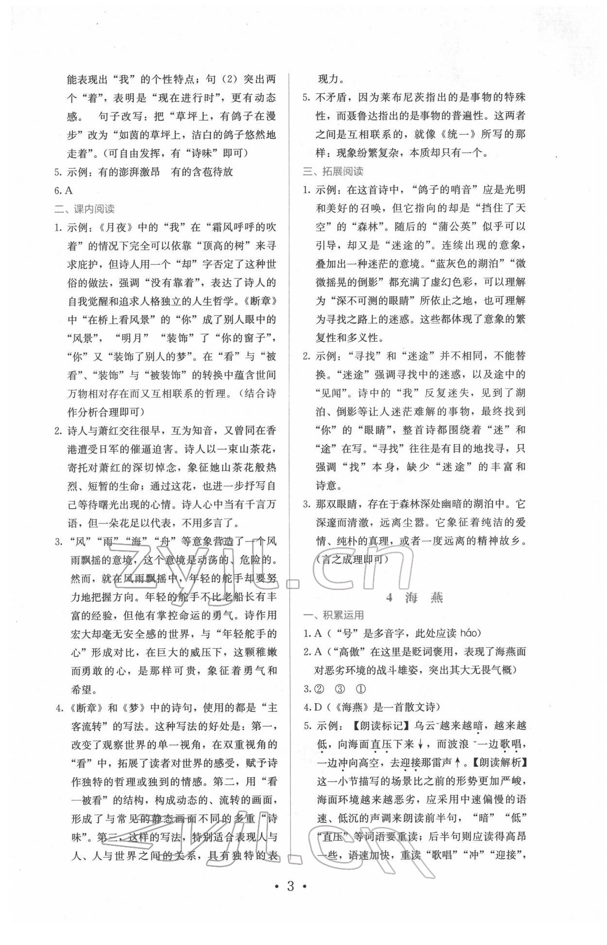 2022年人教金学典同步练习册同步解析与测评九年级语文下册人教版精编版 参考答案第3页