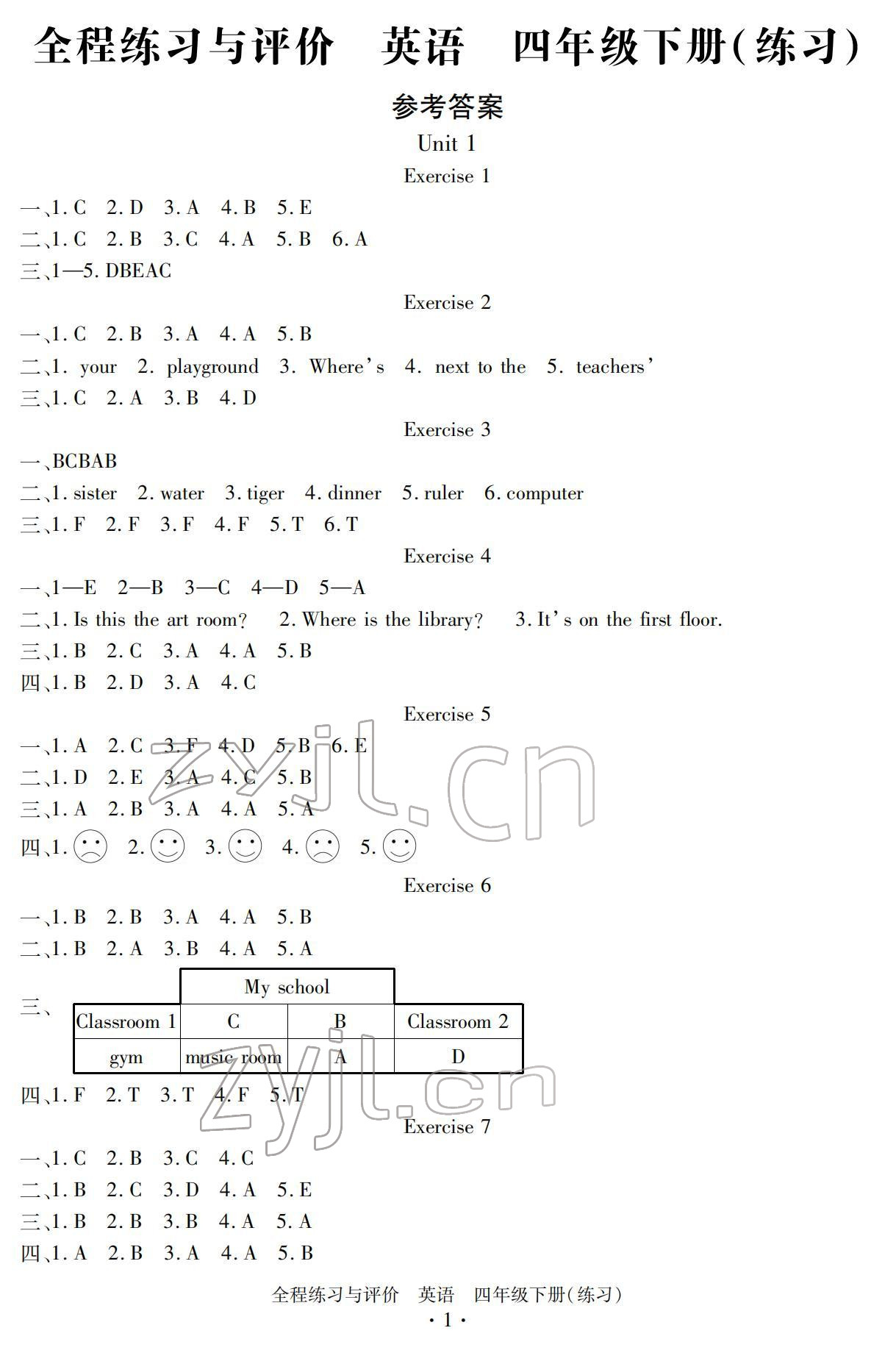 2022年全程练习与评价四年级英语下册人教版 参考答案第1页