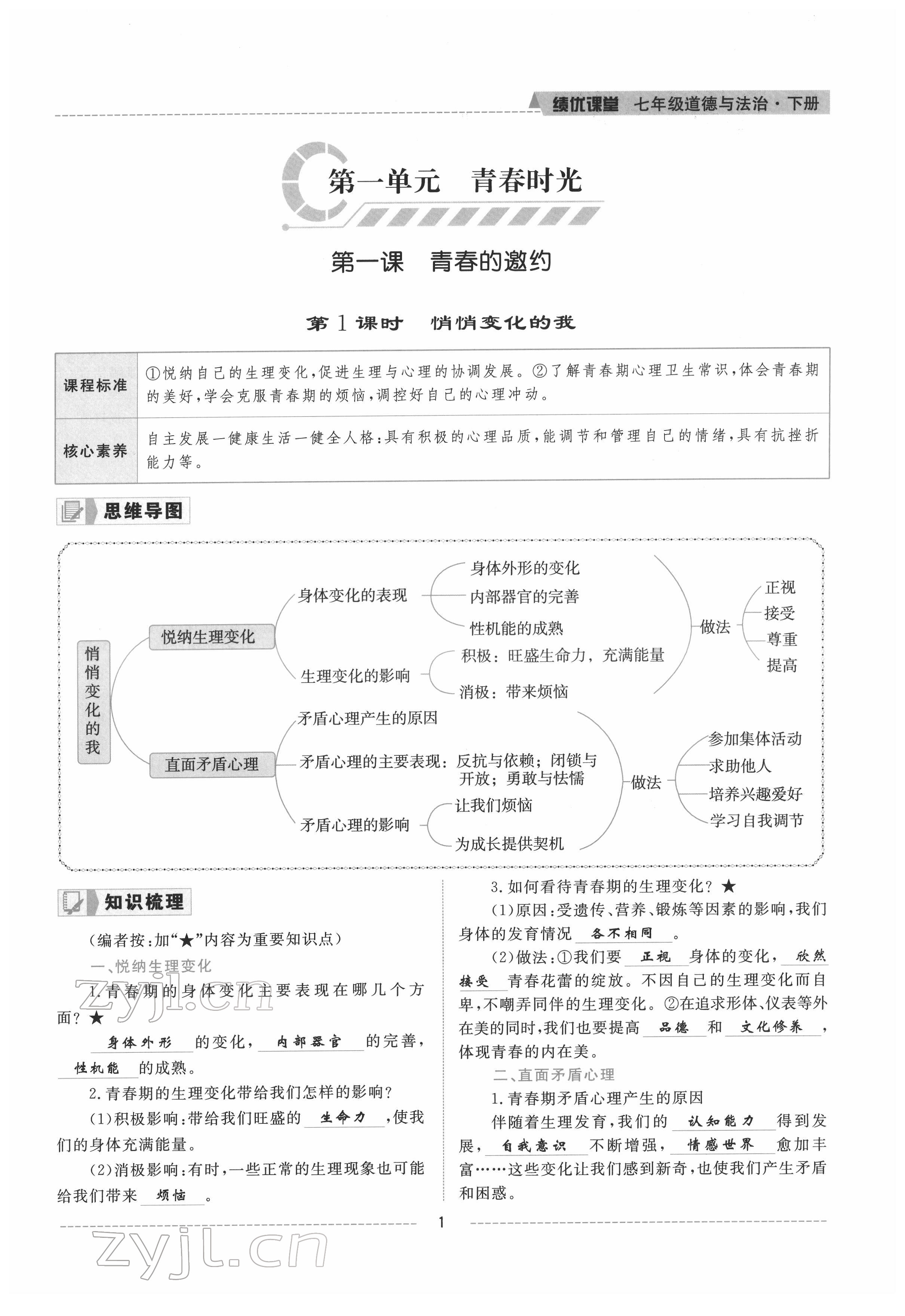 2022年績優(yōu)課堂高效提升滿分備考七年級道德與法治下冊人教版 參考答案第1頁