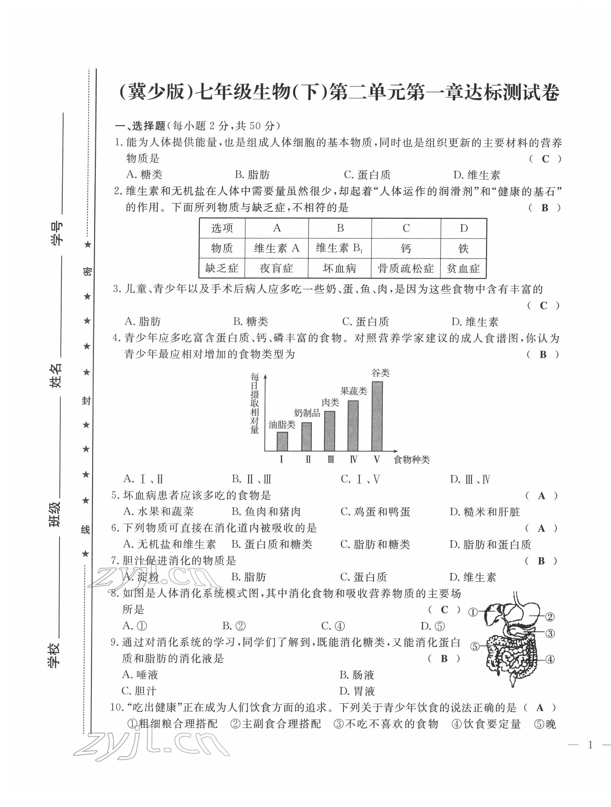 2022年績(jī)優(yōu)課堂高效提升滿分備考七年級(jí)生物下冊(cè)冀少版 第1頁