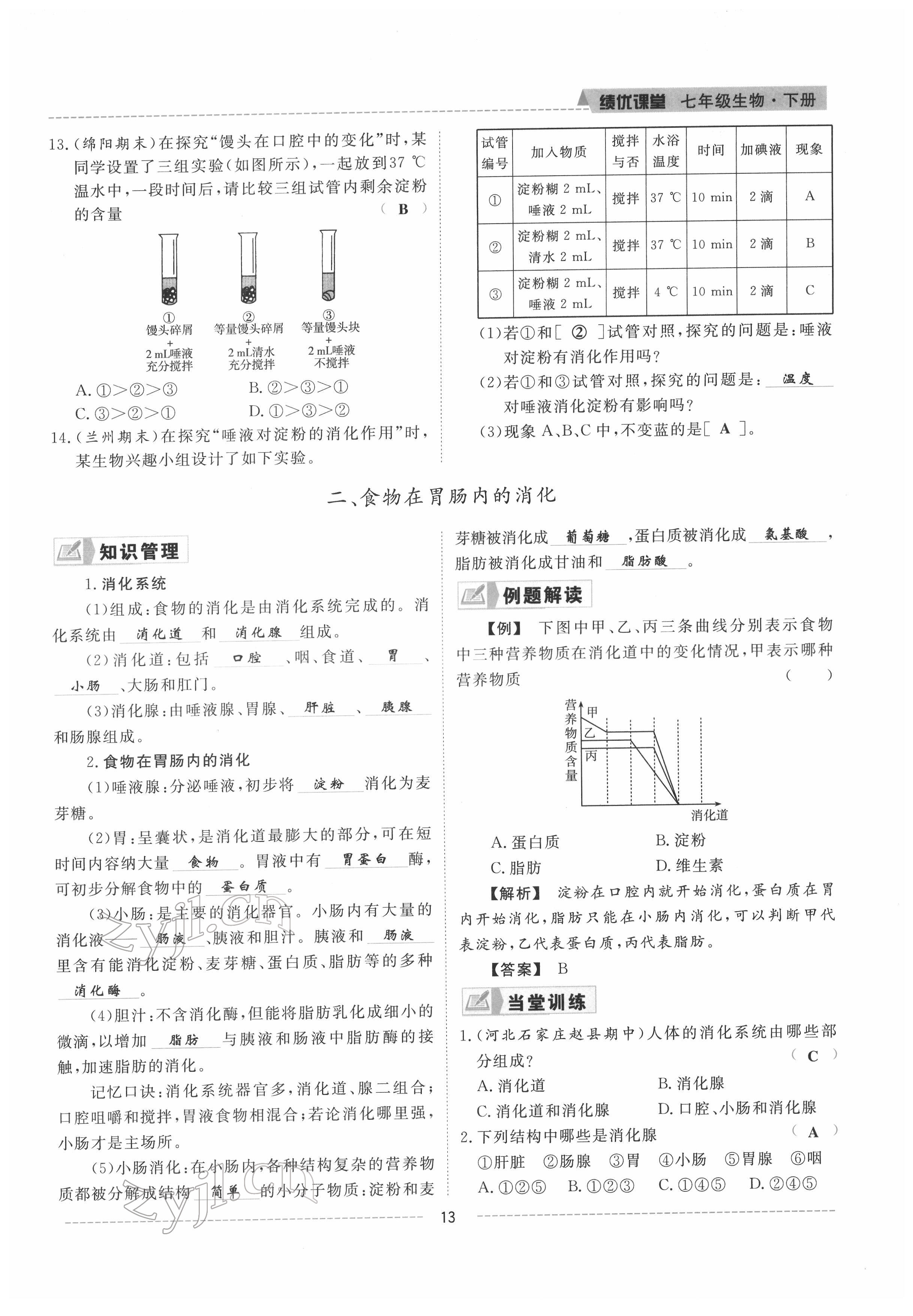 2022年績(jī)優(yōu)課堂高效提升滿(mǎn)分備考七年級(jí)生物下冊(cè)冀少版 參考答案第13頁(yè)