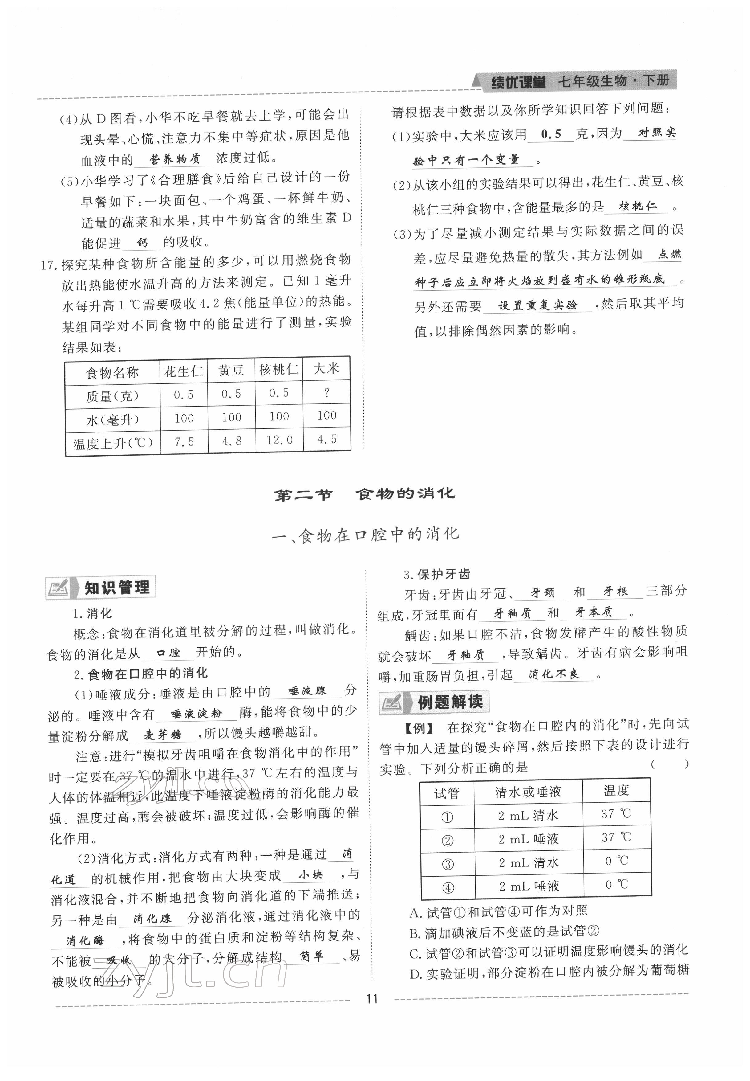 2022年績(jī)優(yōu)課堂高效提升滿分備考七年級(jí)生物下冊(cè)冀少版 參考答案第11頁