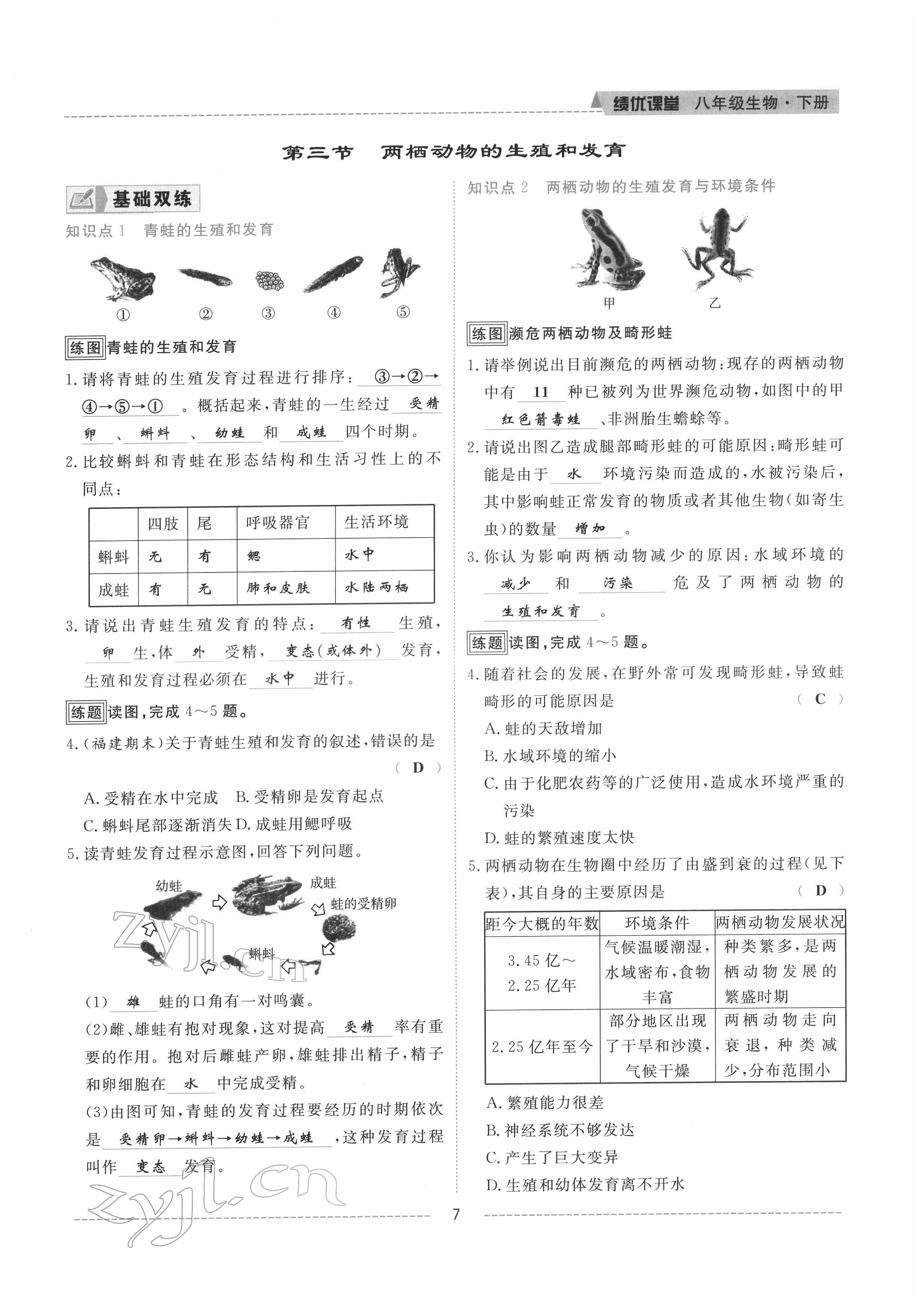 2022年績優(yōu)課堂高效提升滿分備考八年級生物下冊人教版 參考答案第7頁