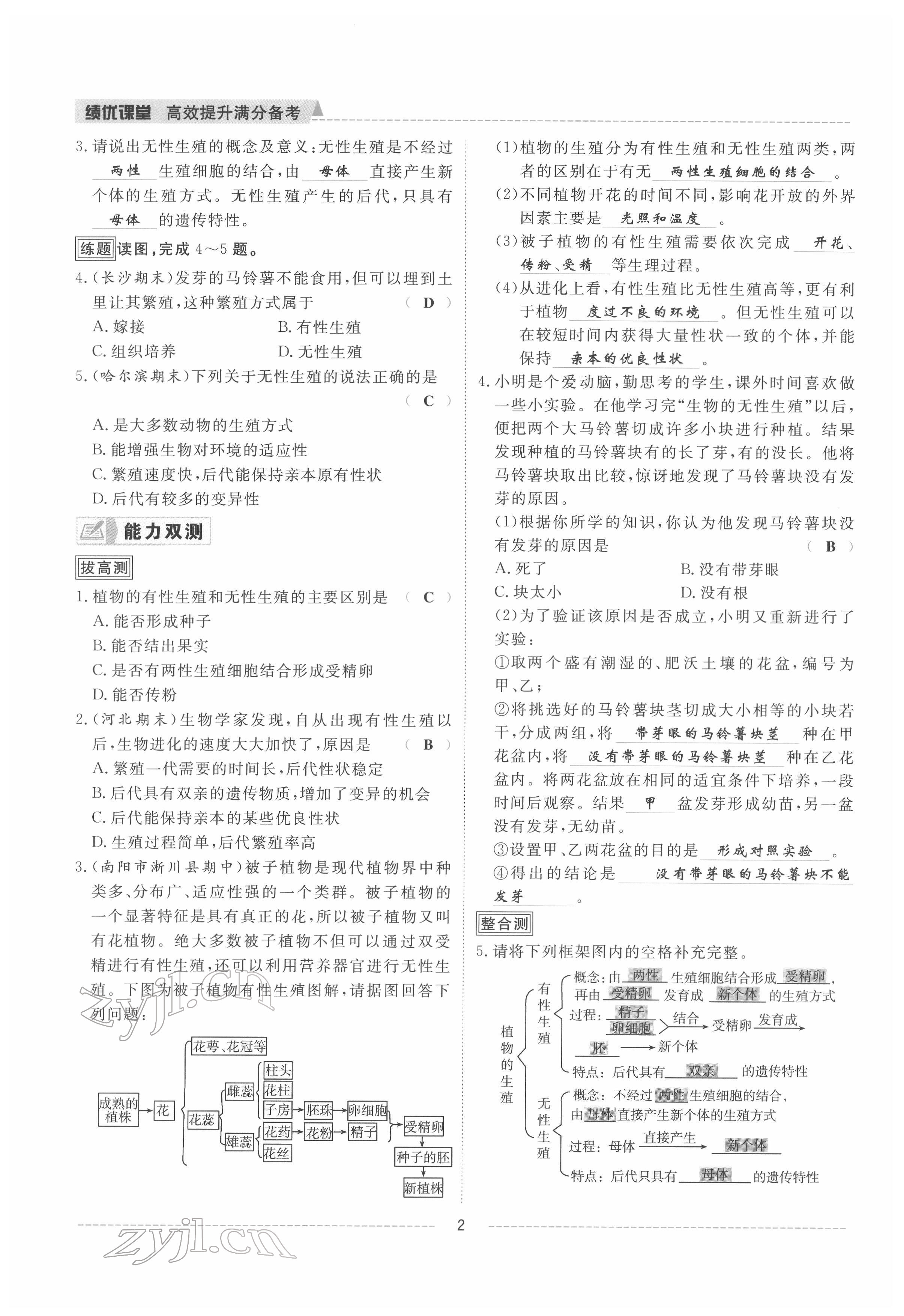 2022年績優(yōu)課堂高效提升滿分備考八年級(jí)生物下冊(cè)人教版 參考答案第2頁