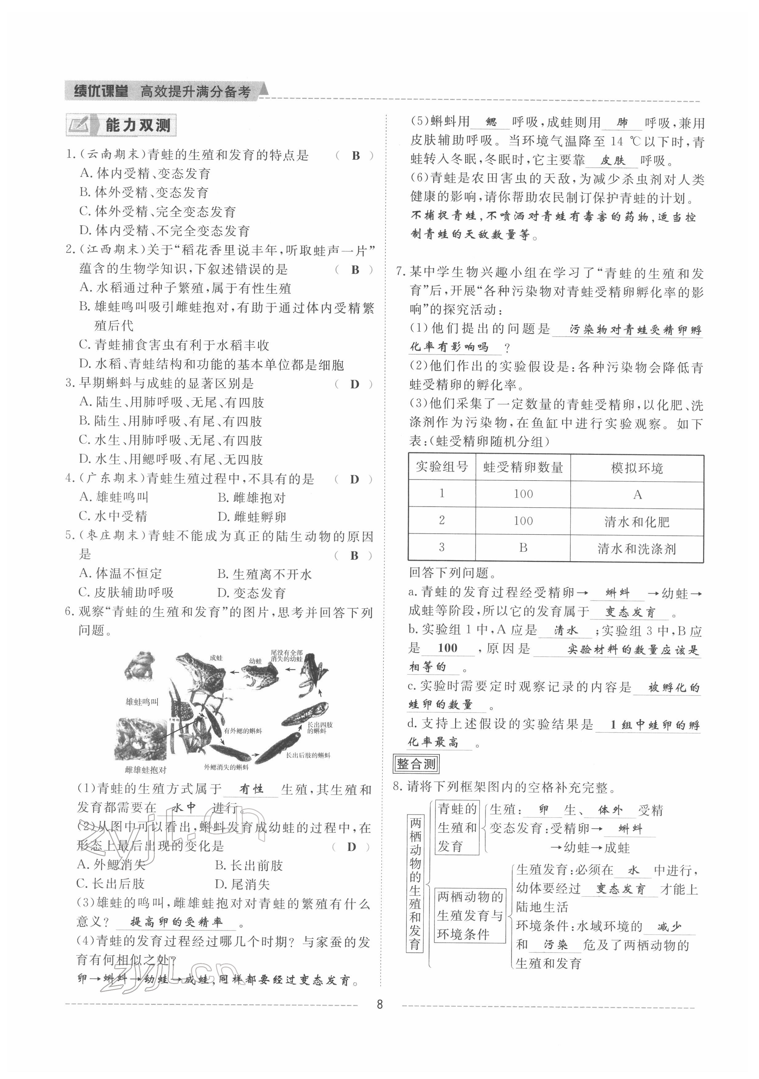 2022年績優(yōu)課堂高效提升滿分備考八年級生物下冊人教版 參考答案第8頁