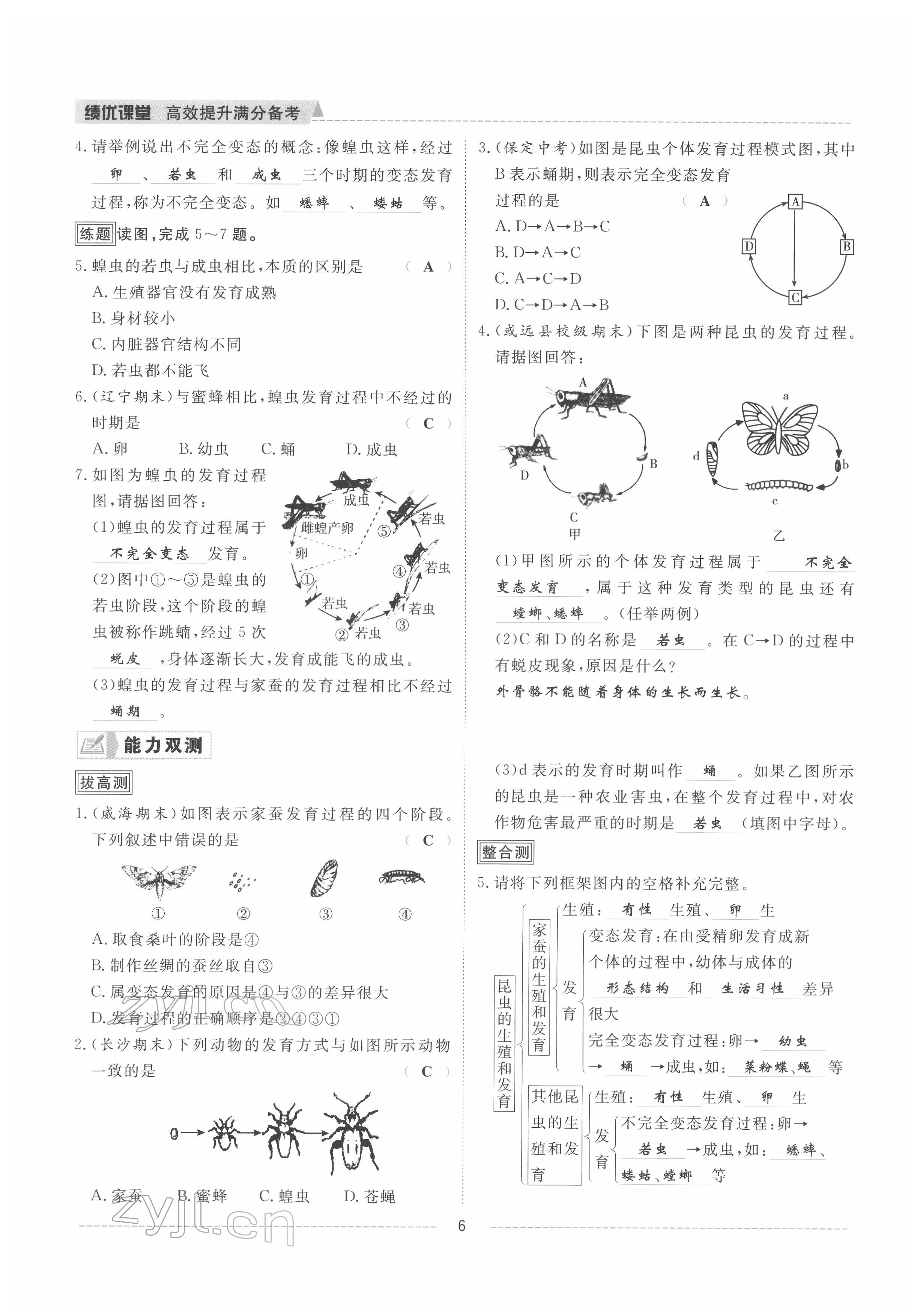 2022年績優(yōu)課堂高效提升滿分備考八年級生物下冊人教版 參考答案第6頁