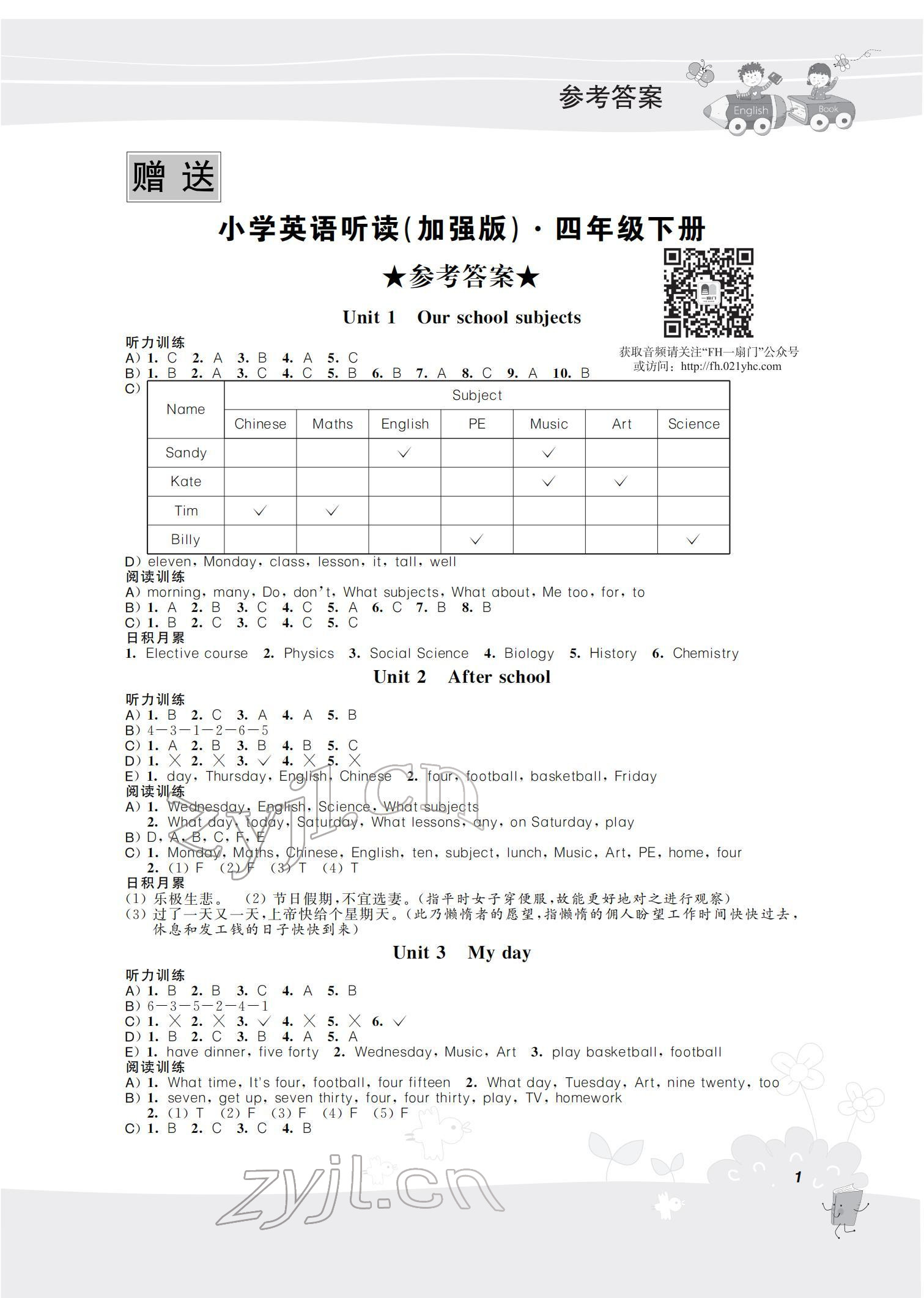 2022年聽(tīng)讀教室小學(xué)英語(yǔ)聽(tīng)讀四年級(jí)下冊(cè)譯林版加強(qiáng)版 參考答案第1頁(yè)