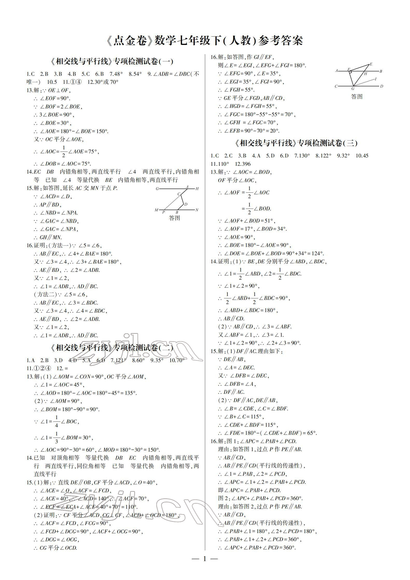 2022年點金卷七年級數(shù)學下冊人教版 參考答案第1頁