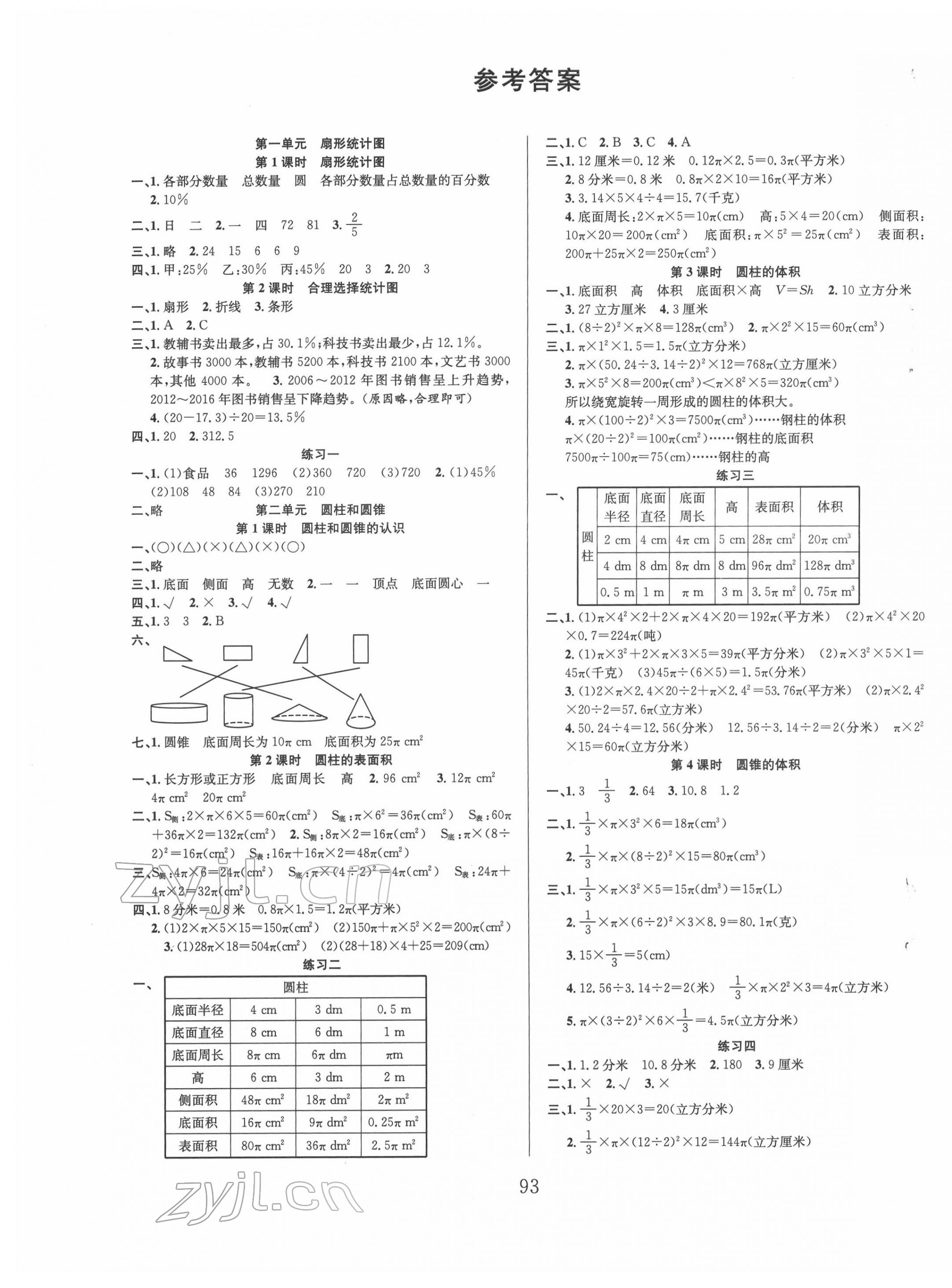 2022年阳光课堂课时作业六年级数学下册苏教版 参考答案第1页