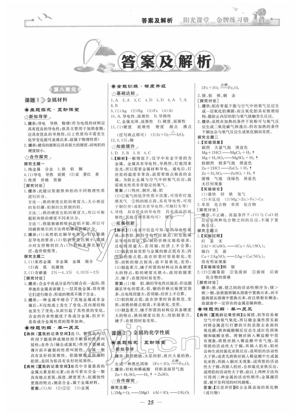 2022年陽光課堂金牌練習冊九年級化學下冊人教版 第1頁