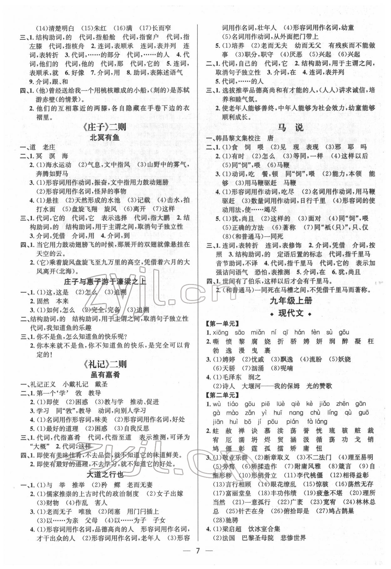 2022年中考對策語文濰坊專版 參考答案第7頁
