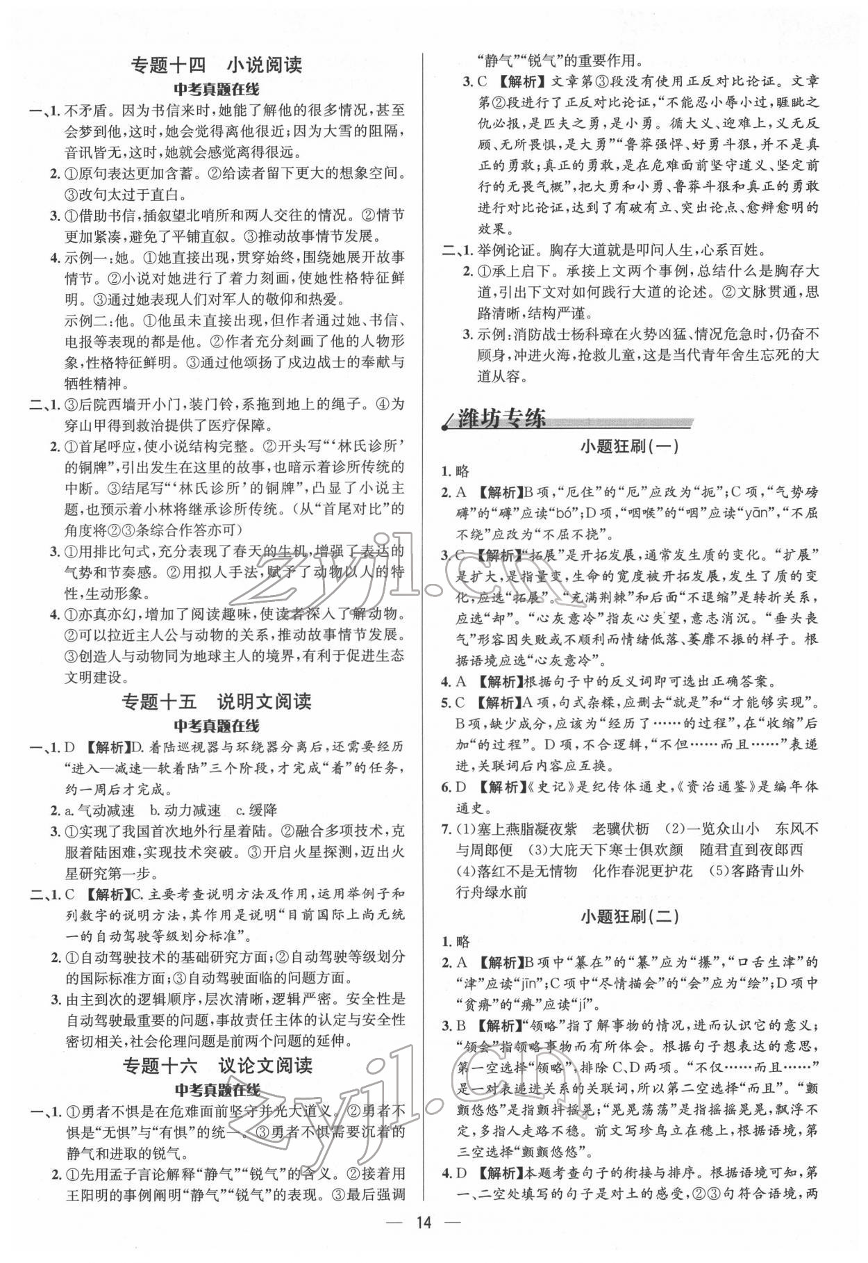 2022年中考對策語文濰坊專版 參考答案第14頁