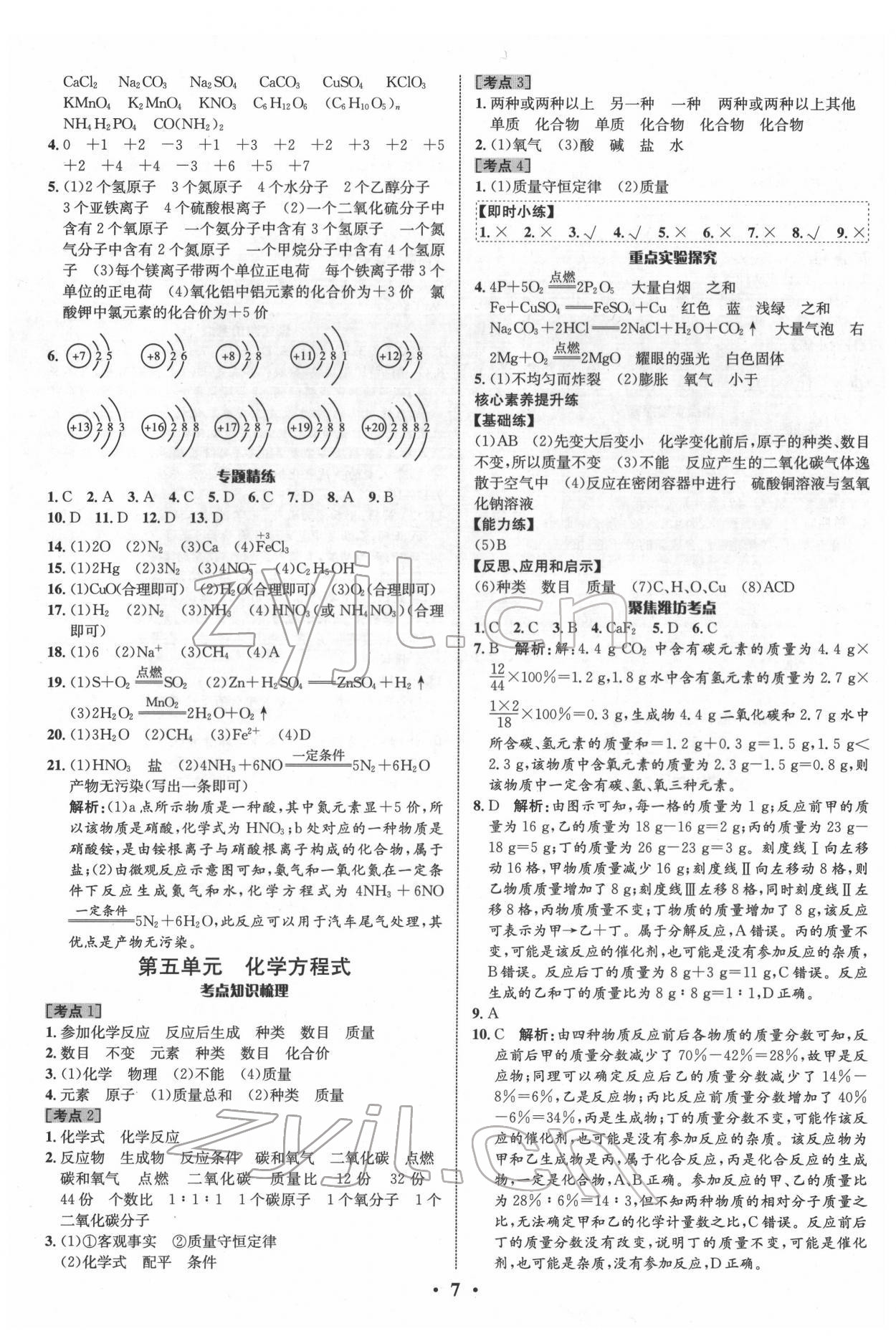 2022年中考对策化学潍坊专版&nbsp;参考答案第7页