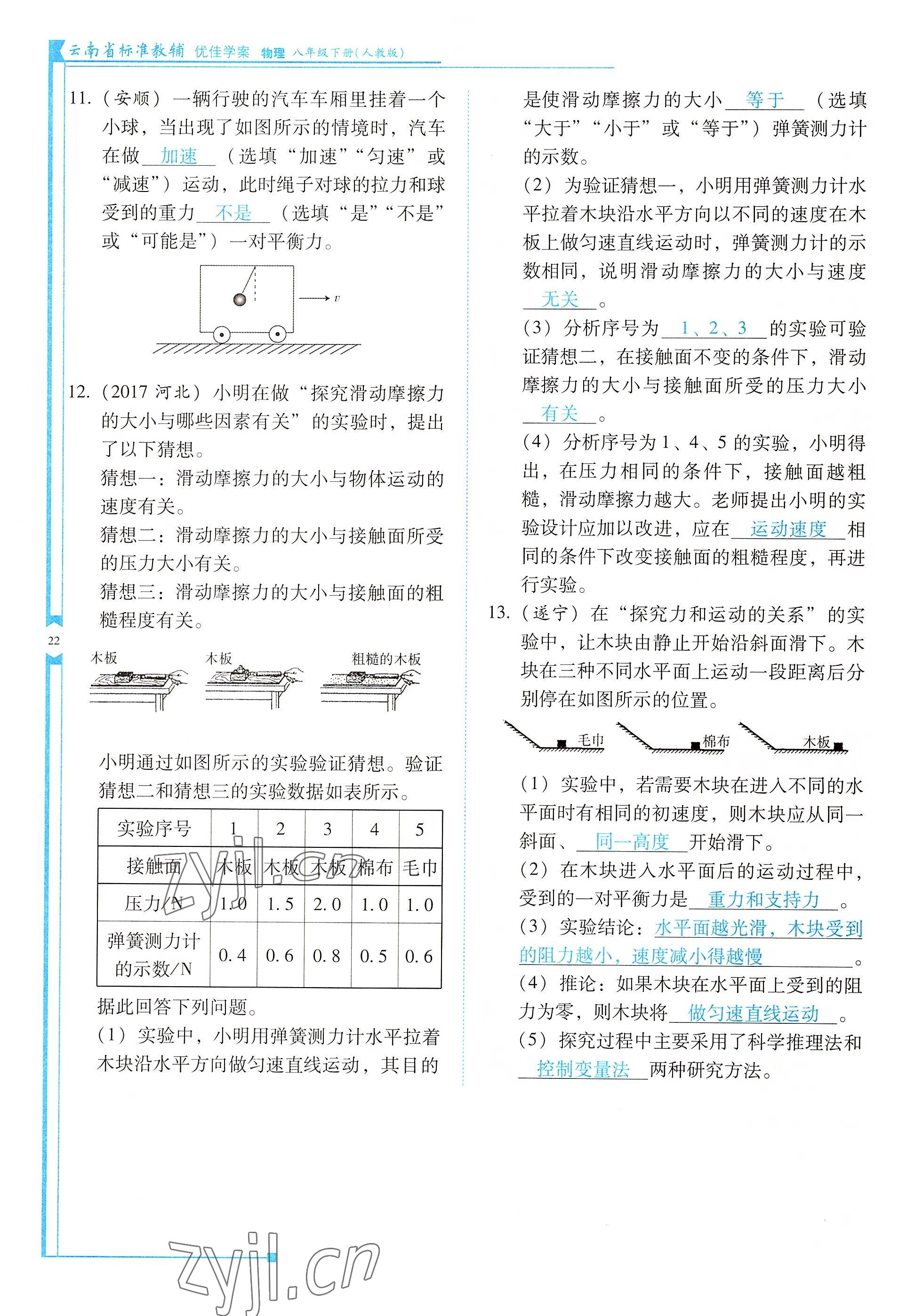 2022年云南省標準教輔優(yōu)佳學(xué)案八年級物理下冊人教版 參考答案第22頁