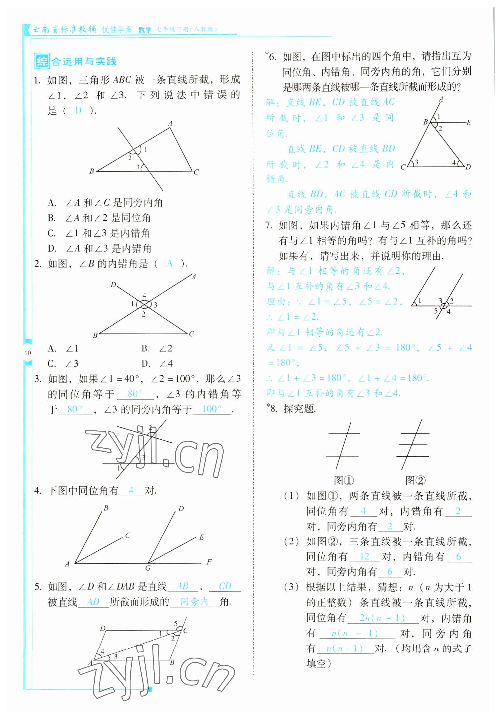 2022年云南省標(biāo)準(zhǔn)教輔優(yōu)佳學(xué)案七年級(jí)數(shù)學(xué)下冊(cè)人教版 參考答案第10頁(yè)