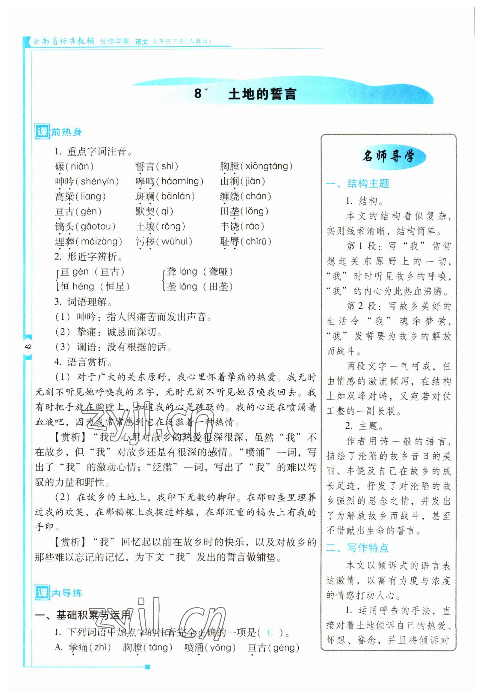 2022年云南省標準教輔優(yōu)佳學案七年級語文下冊人教版 參考答案第42頁