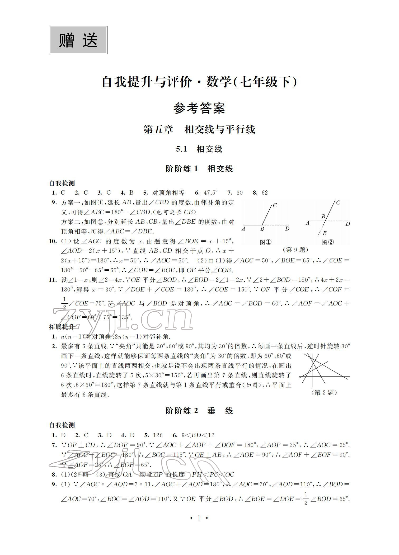 2022年自我提升與評價七年級數(shù)學(xué)下冊 參考答案第1頁