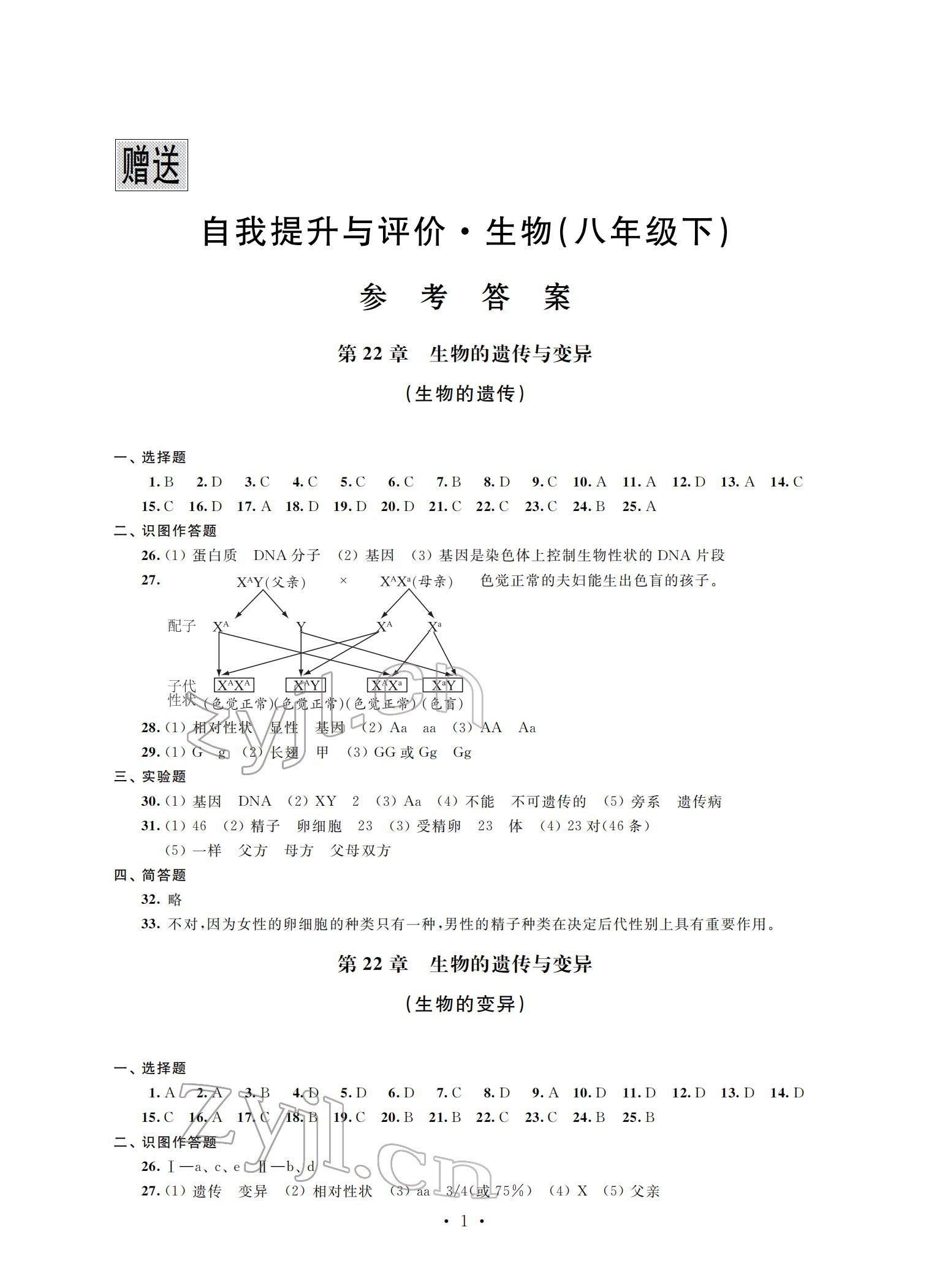 2022年自我提升与评价八年级生物下册 参考答案第1页