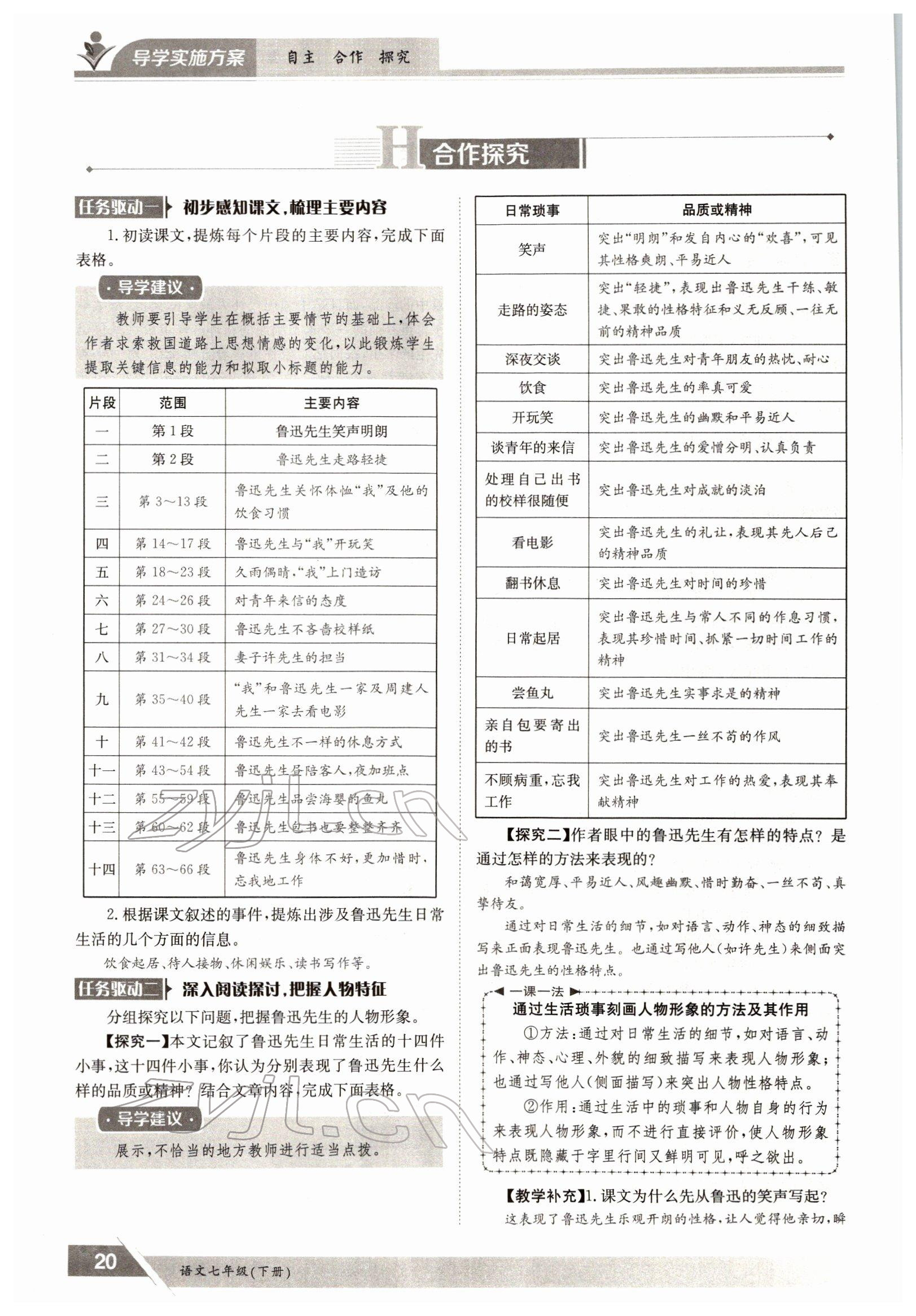 2022年三段六步導(dǎo)學(xué)案七年級(jí)語文下冊人教版 參考答案第20頁