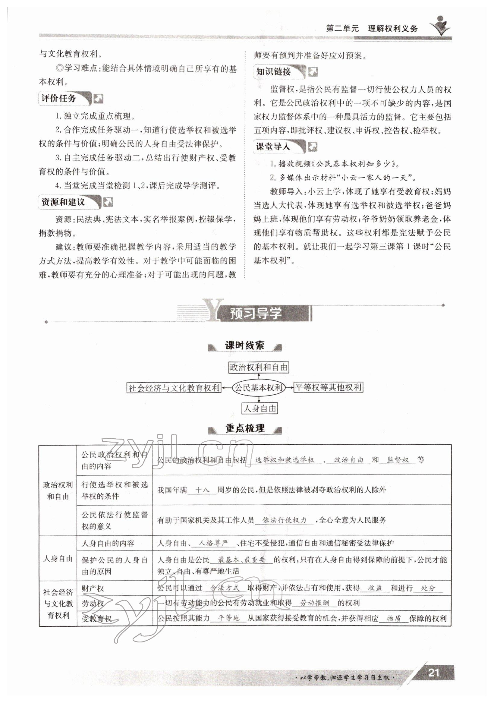 2022年金太阳导学测评八年级下册道德与法治人教版 参考答案第21页