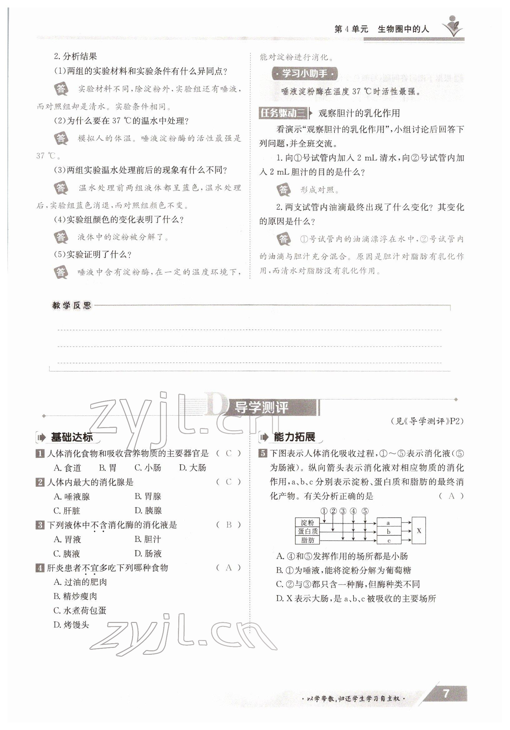 2022年三段六步導學測評七年級生物下冊北師大版 參考答案第7頁