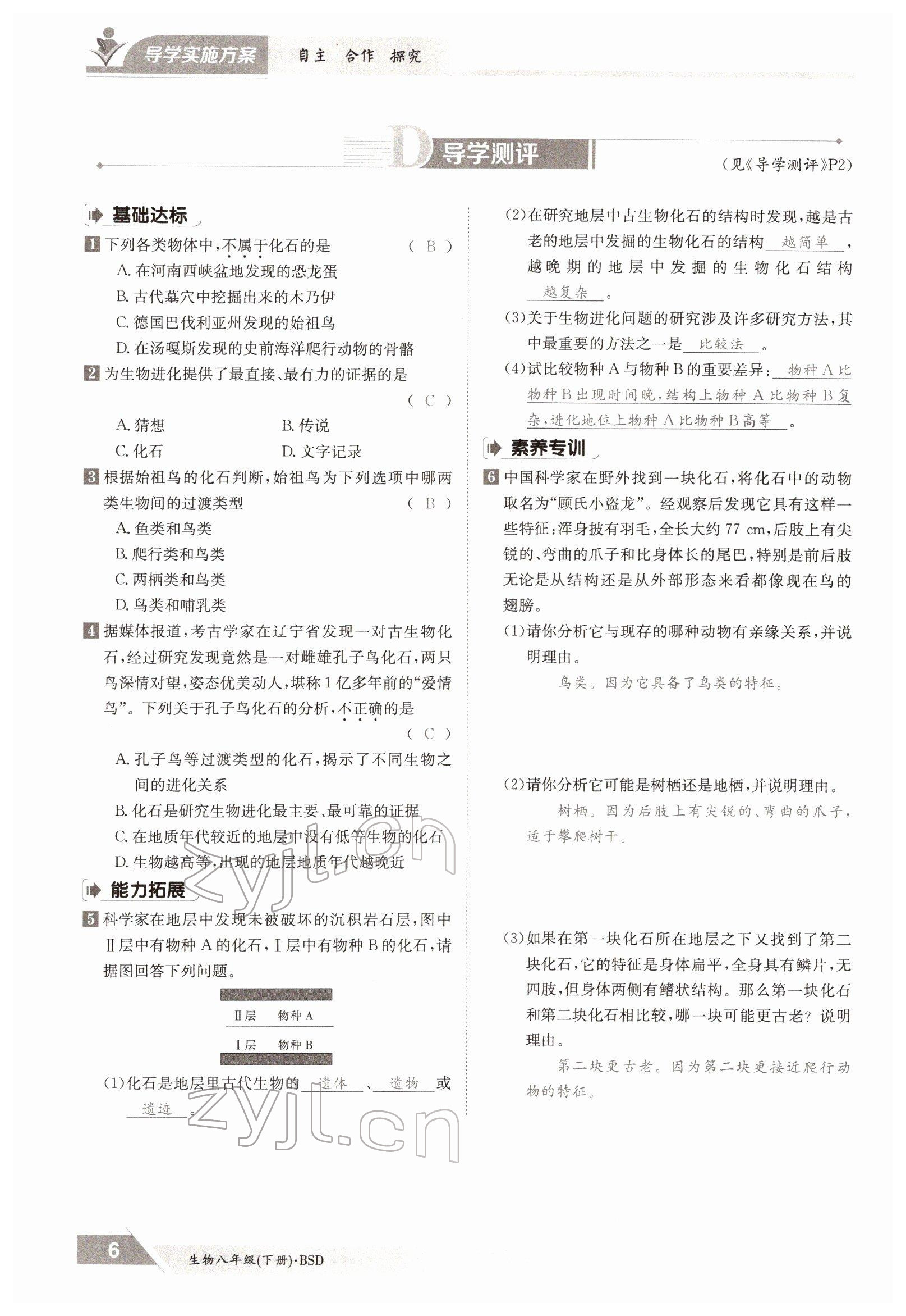 2022年三段六步導(dǎo)學(xué)測評八年級生物下冊北師大版 參考答案第6頁