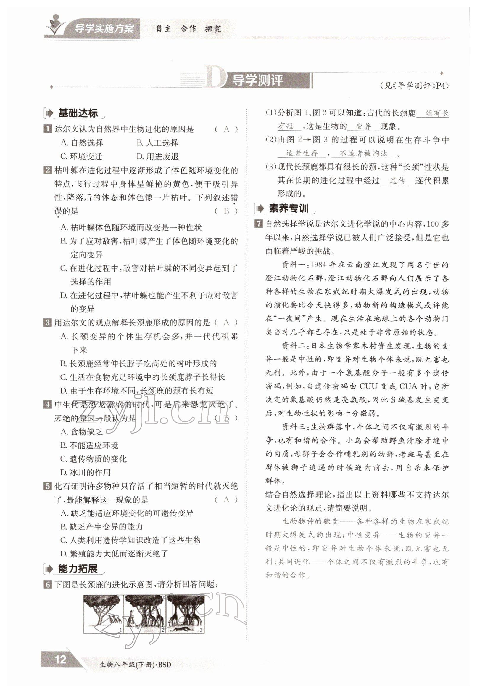 2022年三段六步導(dǎo)學(xué)測評八年級生物下冊北師大版 參考答案第12頁