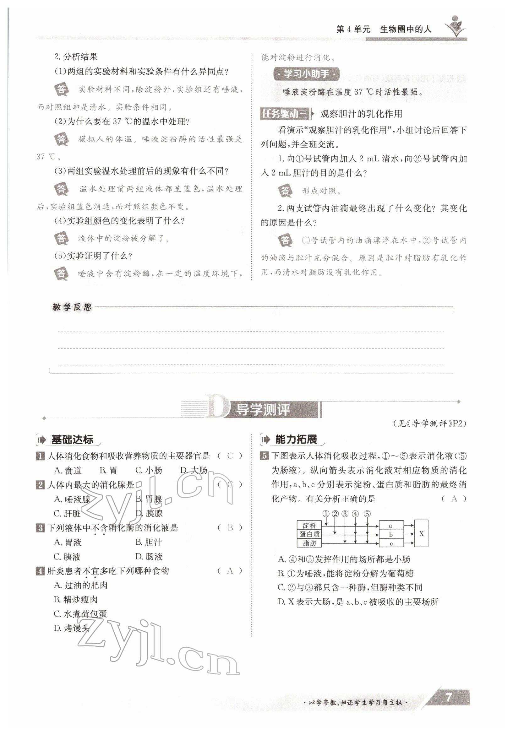 2022年金太陽導學測評七年級生物下冊北師大版 參考答案第7頁