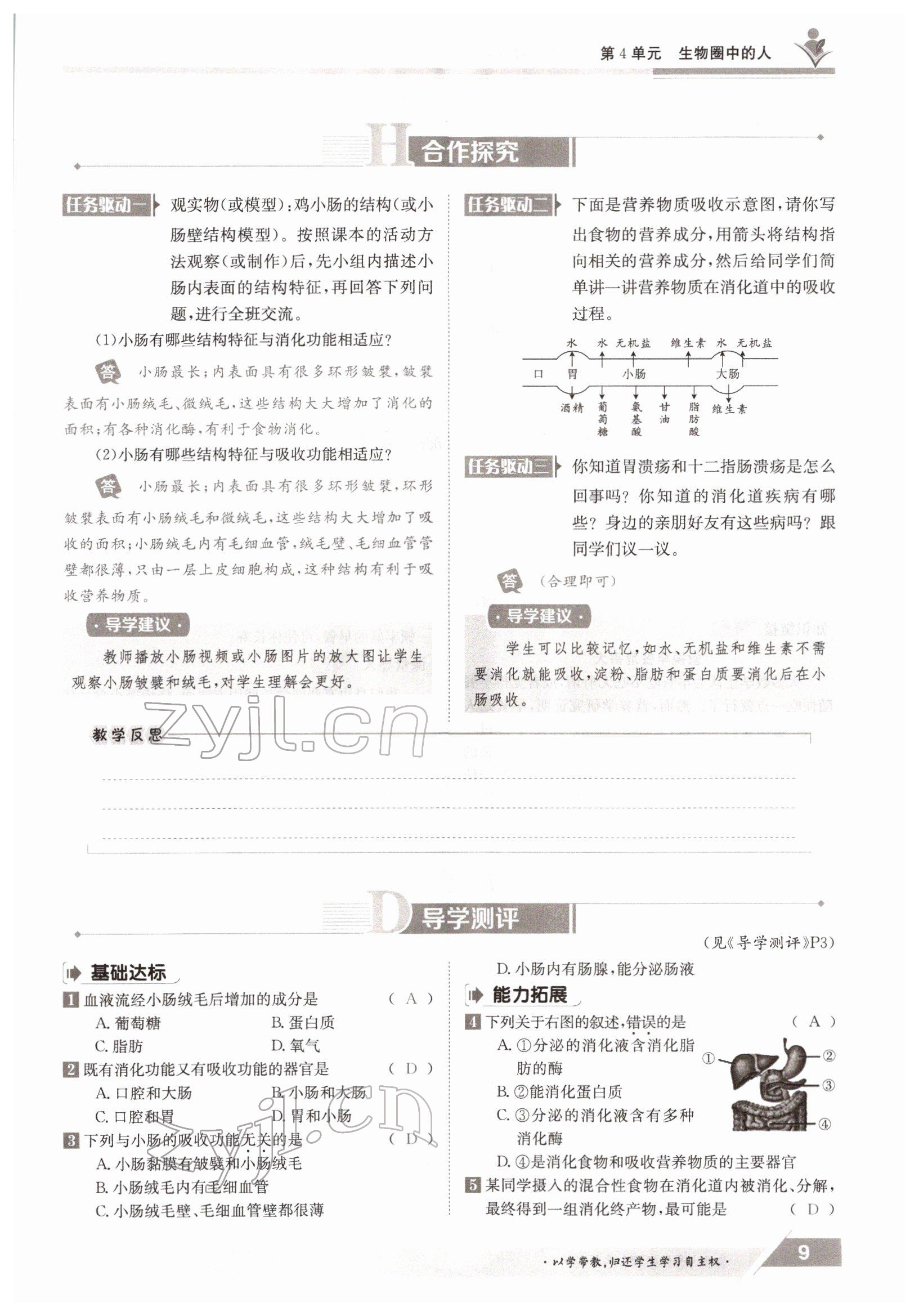 2022年金太阳导学测评七年级生物下册北师大版 参考答案第9页