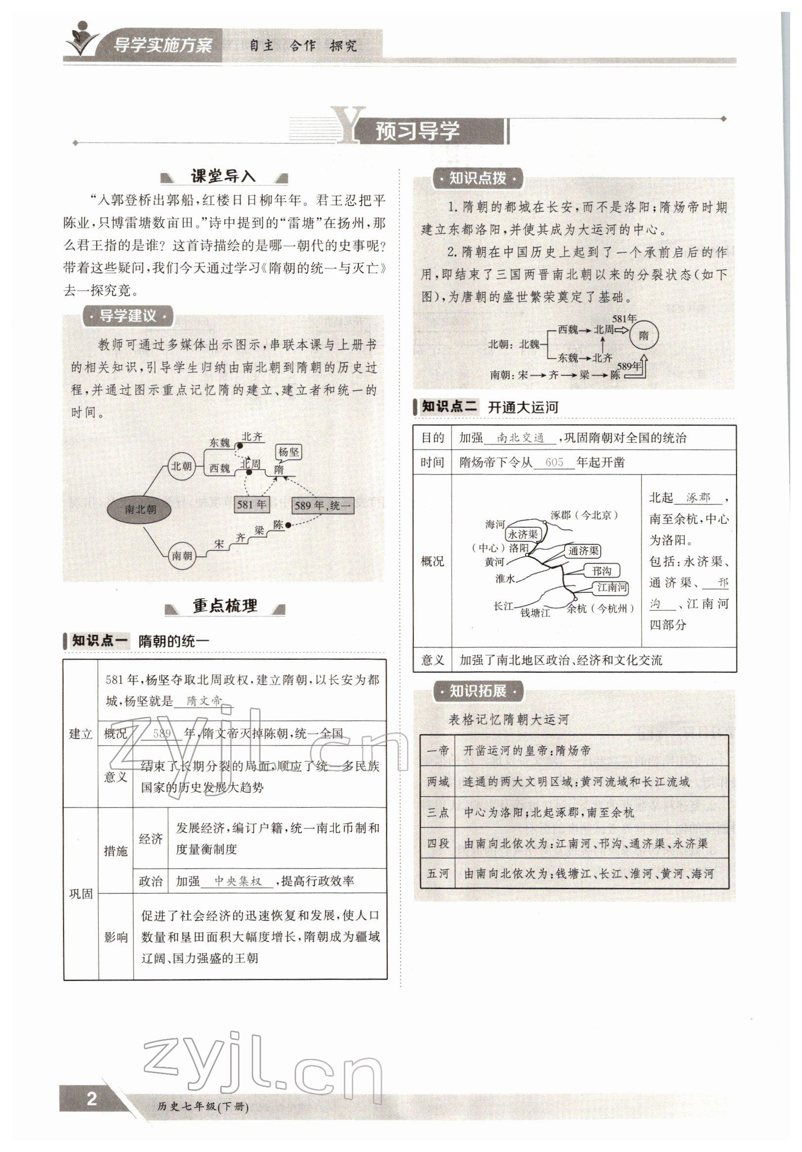 2022年金太阳导学测评七年级历史下册人教版 参考答案第2页