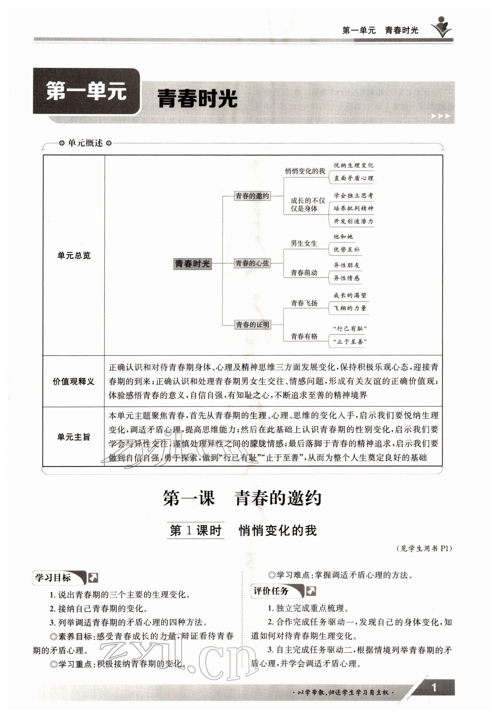 2022年金太阳导学测评七年级道德与法治下册人教版 参考答案第1页