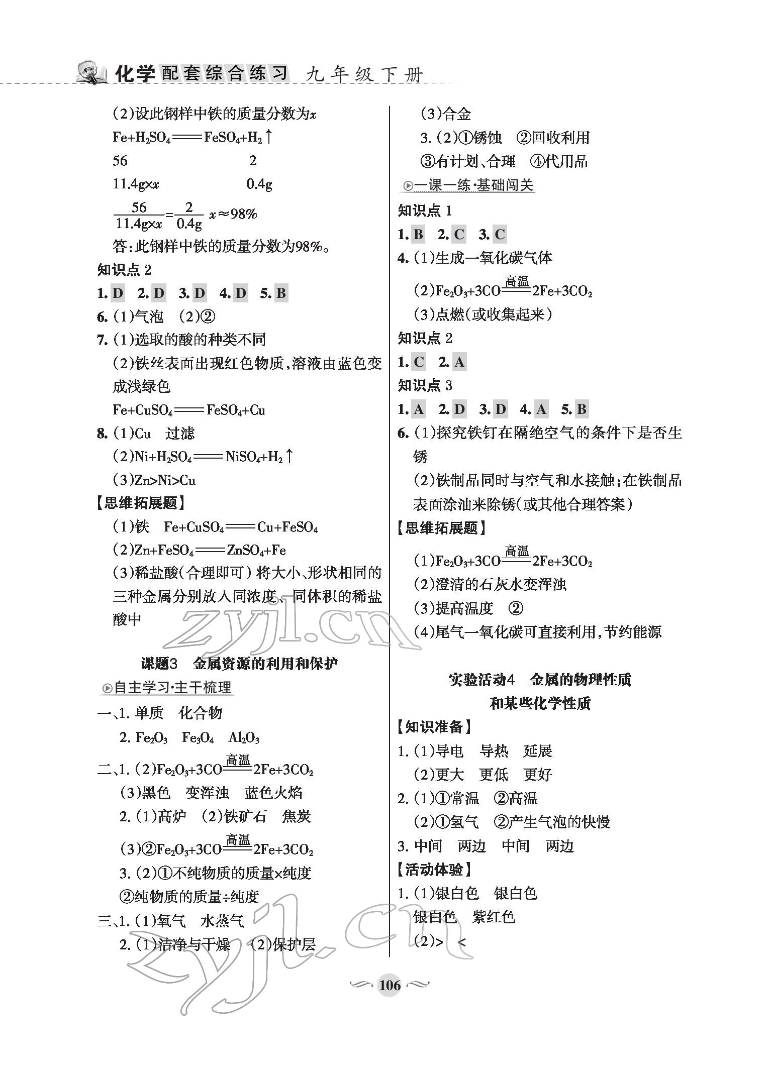 2022年配套綜合練習(xí)甘肅九年級化學(xué)下冊人教版 參考答案第2頁