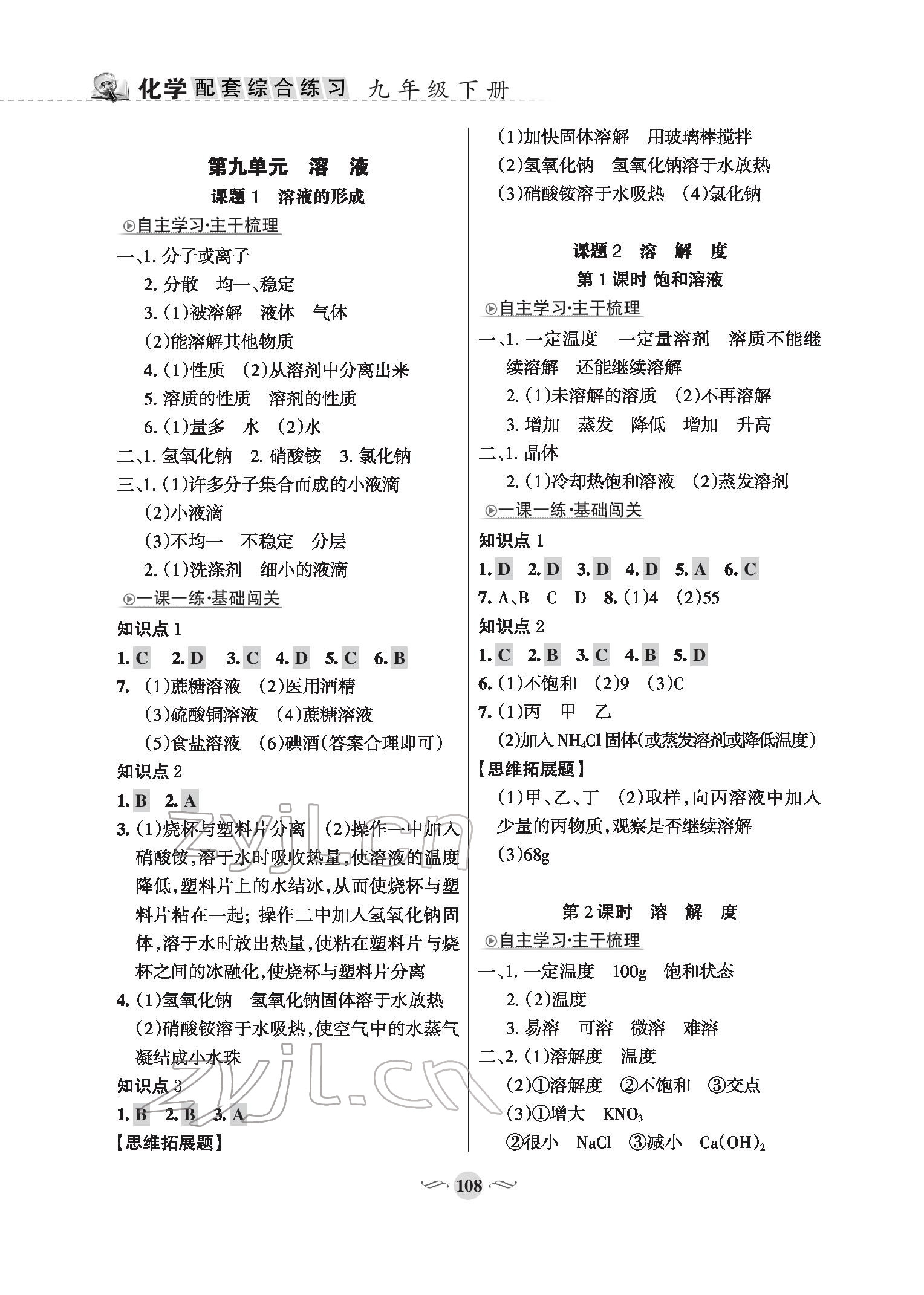 2022年配套綜合練習甘肅九年級化學下冊人教版 參考答案第4頁