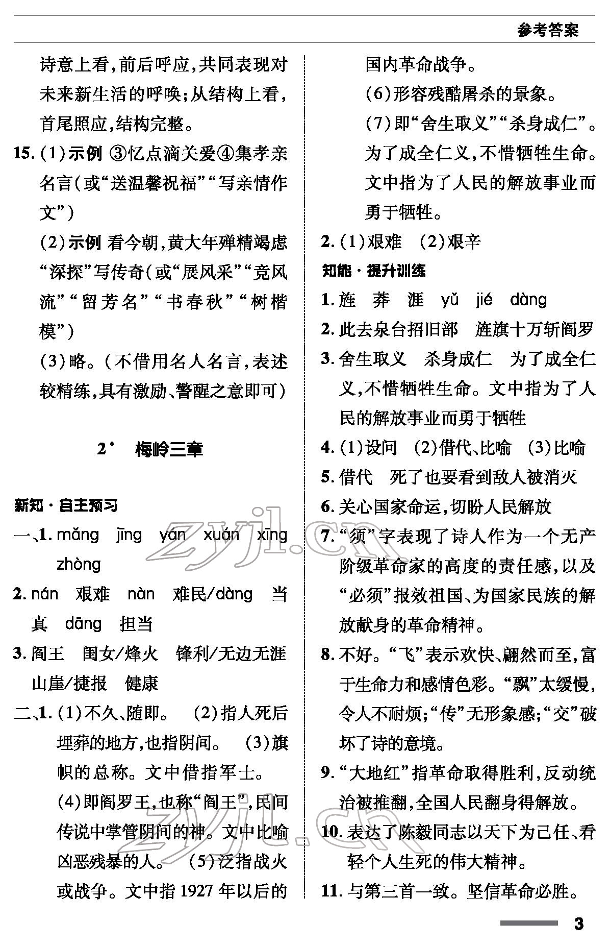 2022年語文配套綜合練習(xí)九年級下冊人教版 參考答案第3頁