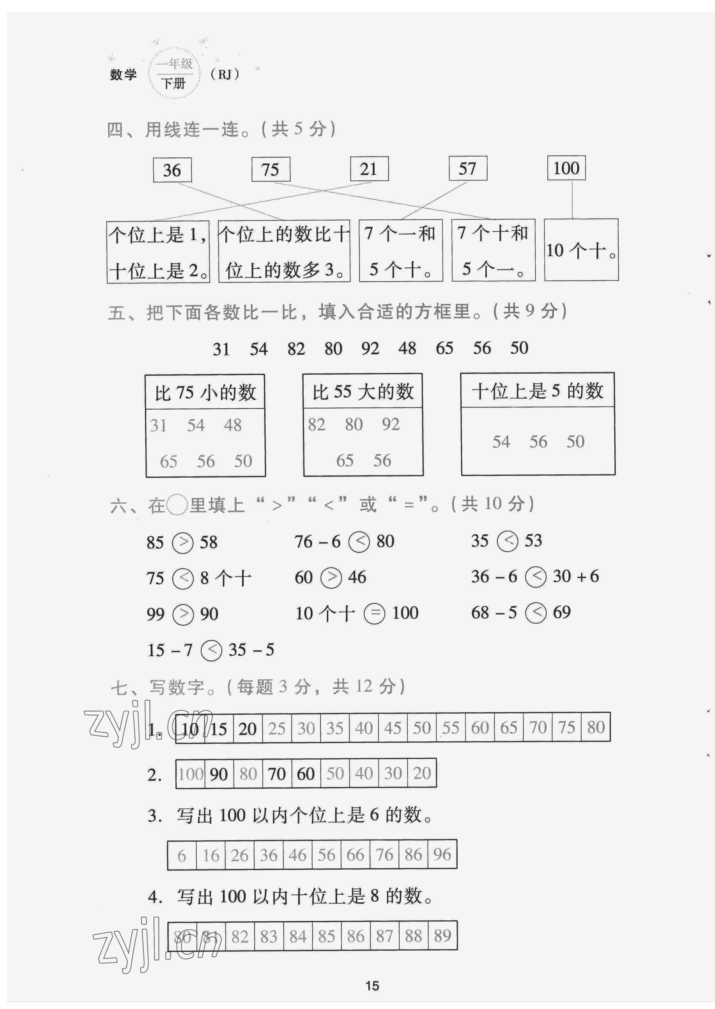 2022年云南省標(biāo)準(zhǔn)教輔同步指導(dǎo)訓(xùn)練與檢測(cè)配套測(cè)試卷一年級(jí)數(shù)學(xué)下冊(cè)人教版 第15頁